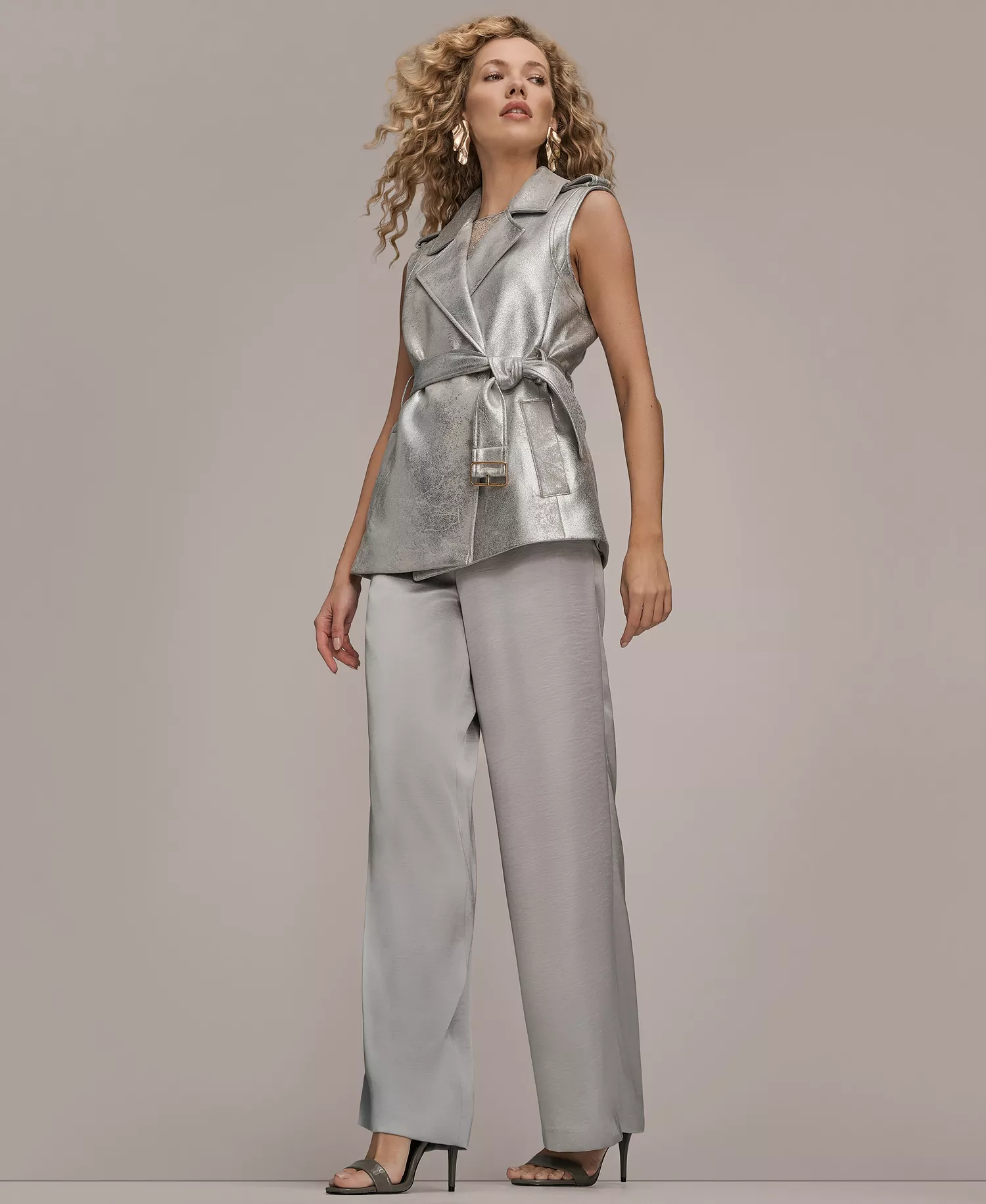 Women's Notch Lapel Collar Metallic Belted Vest - Vapor - L