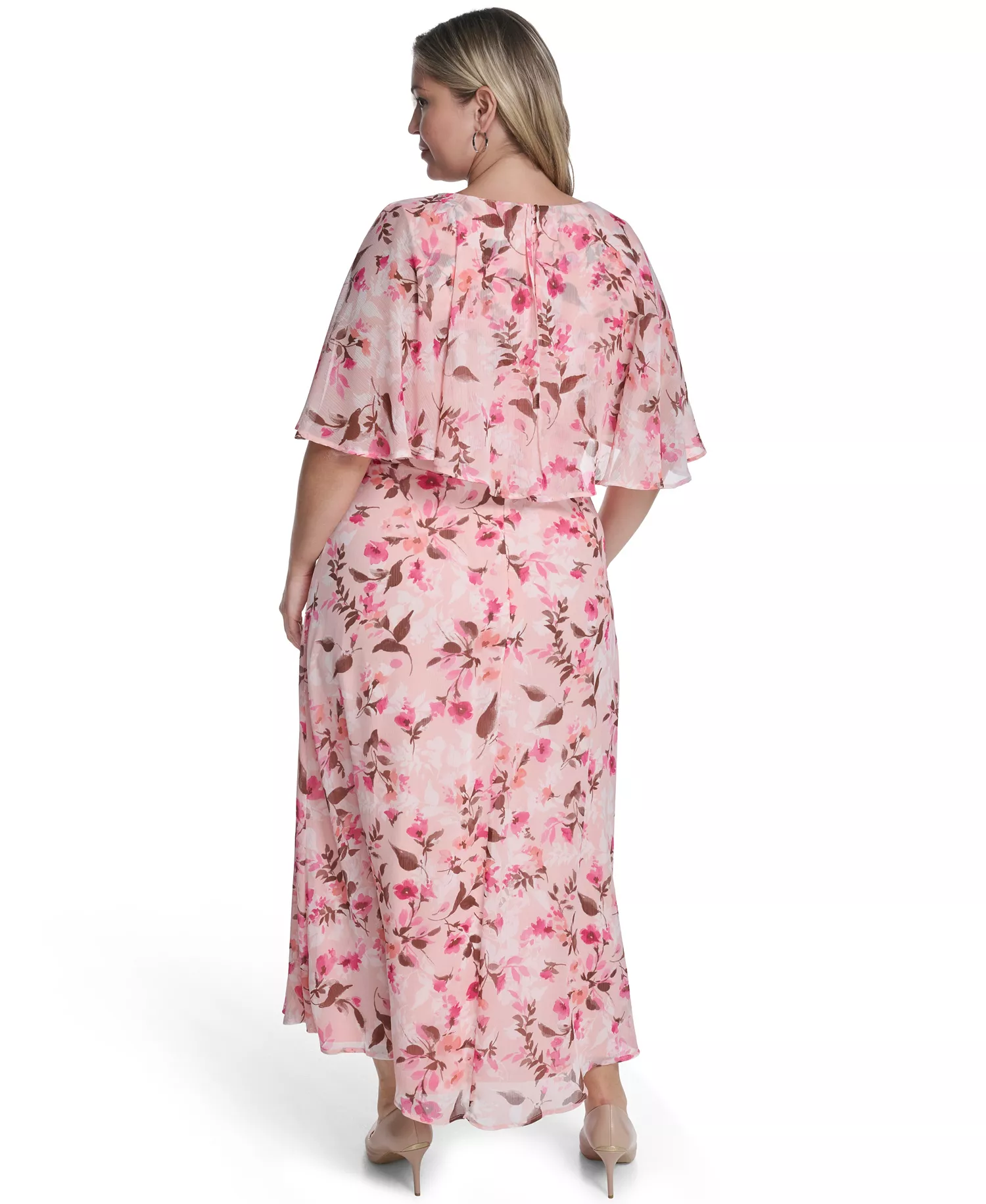 Plus Size Smocked Waist Cape-Sleeve Dress - Blossom Multi - 14W