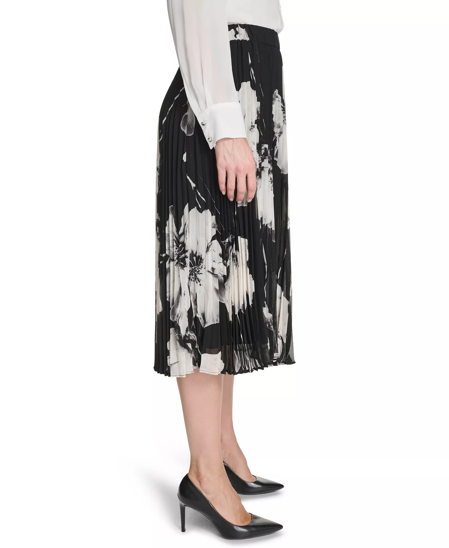 Women's Pleated Printed Midi Skirt - Black/white - 2