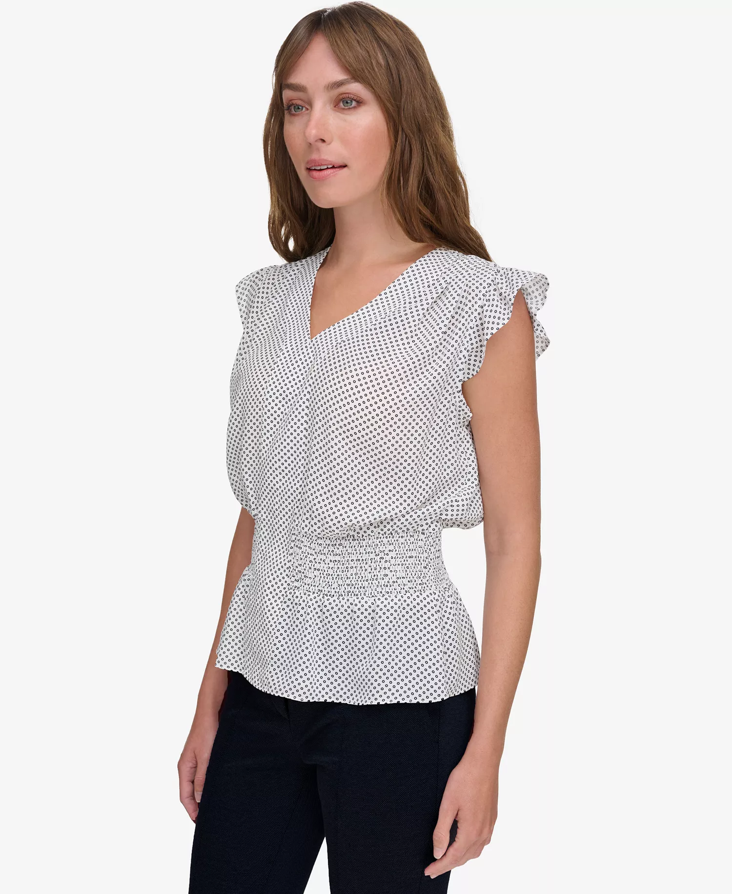 Women's Ruffled Smocked V-Neck Top - Ivory/ Midnight - L