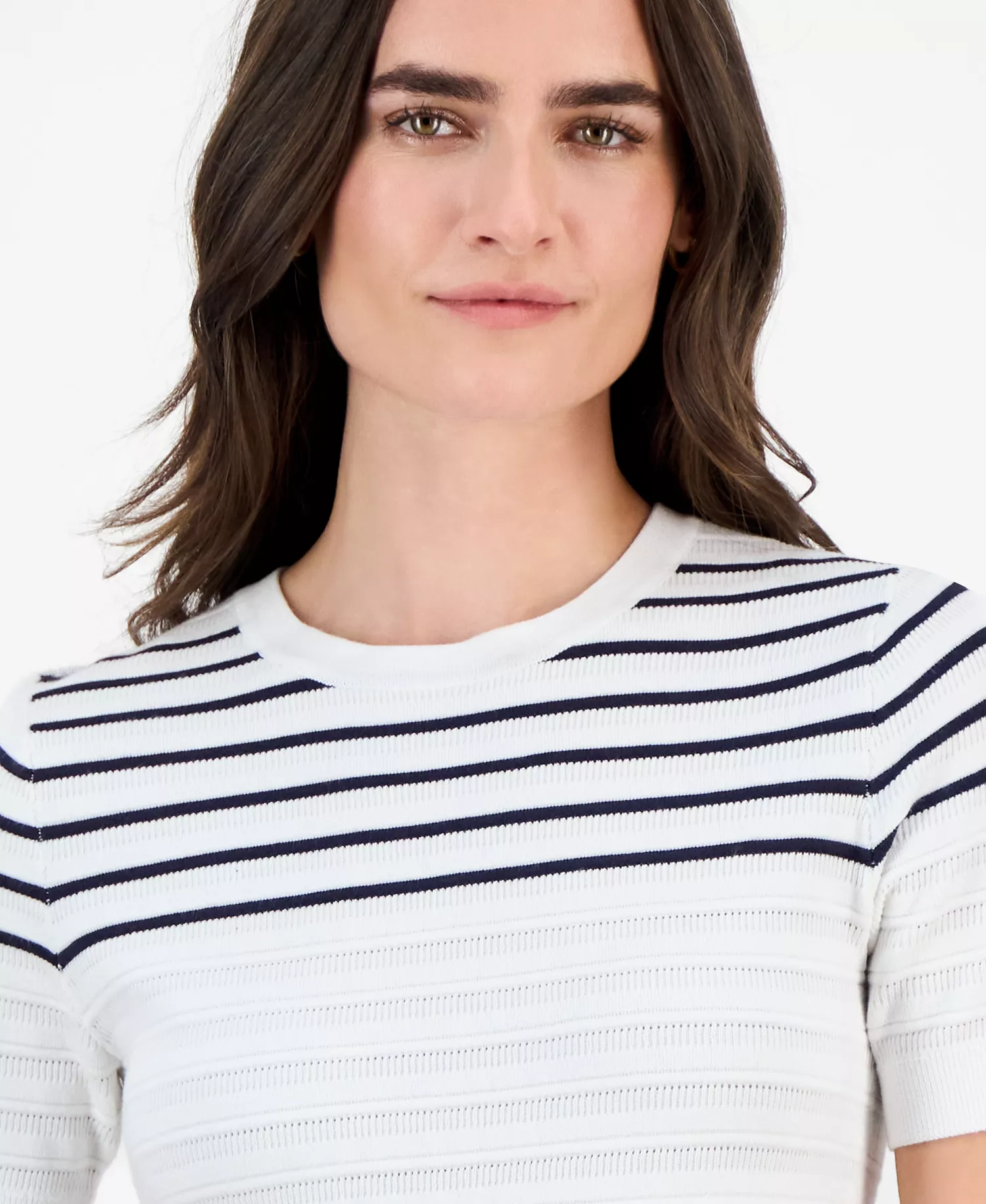 Nautica Women's Short-Sleeve Striped Crewneck Sweater - Bright White Multi - L