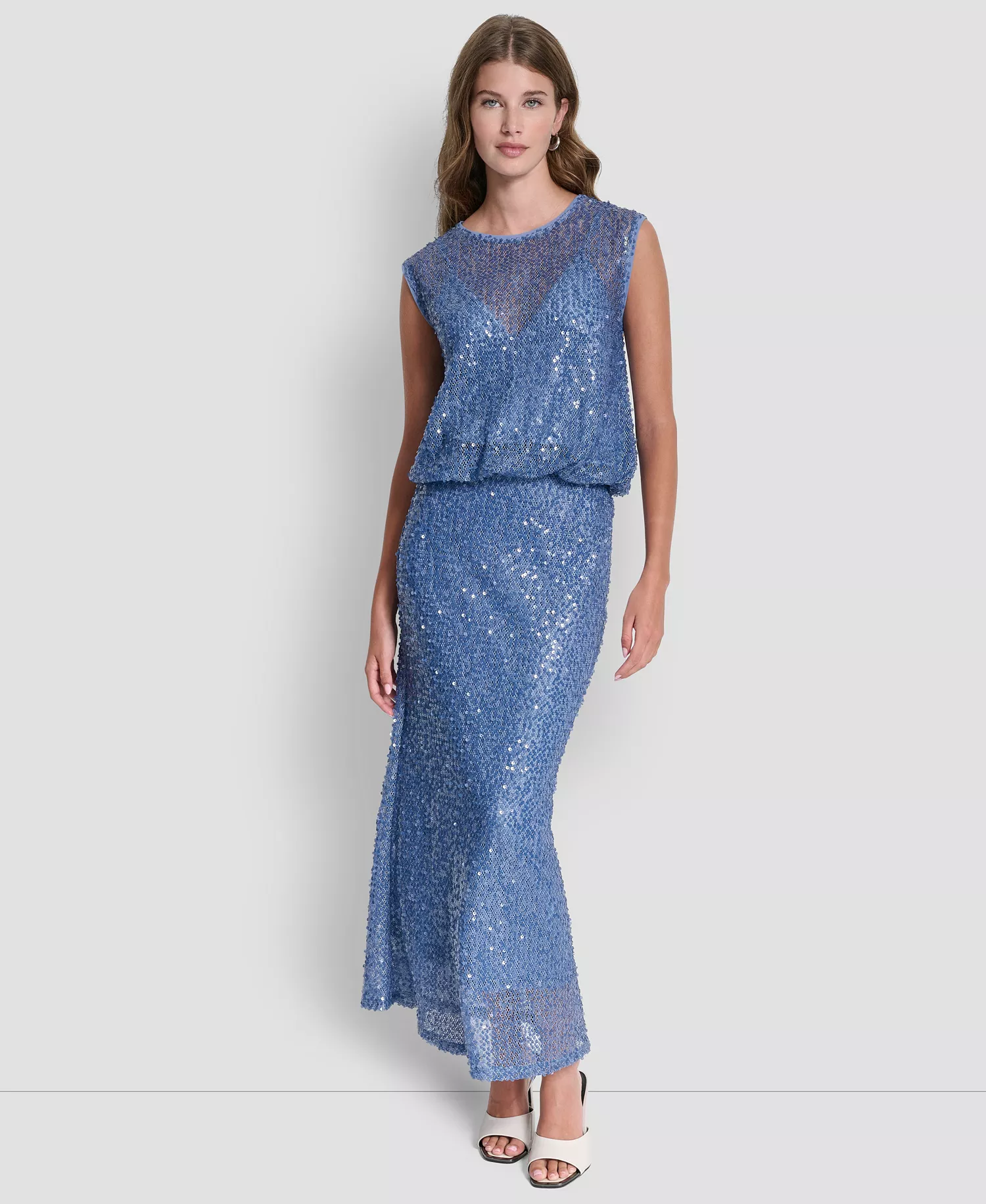 Women's Sleeveless Bubble Hem Sequin Knit Top - Liberty Sky - L