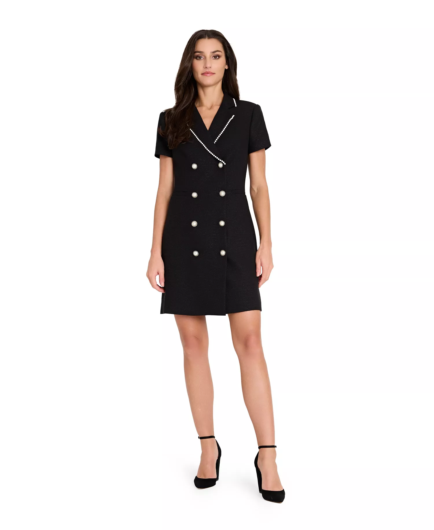 Women's Imitation Pearl Trim Boucle Coat Dress - Black - 16