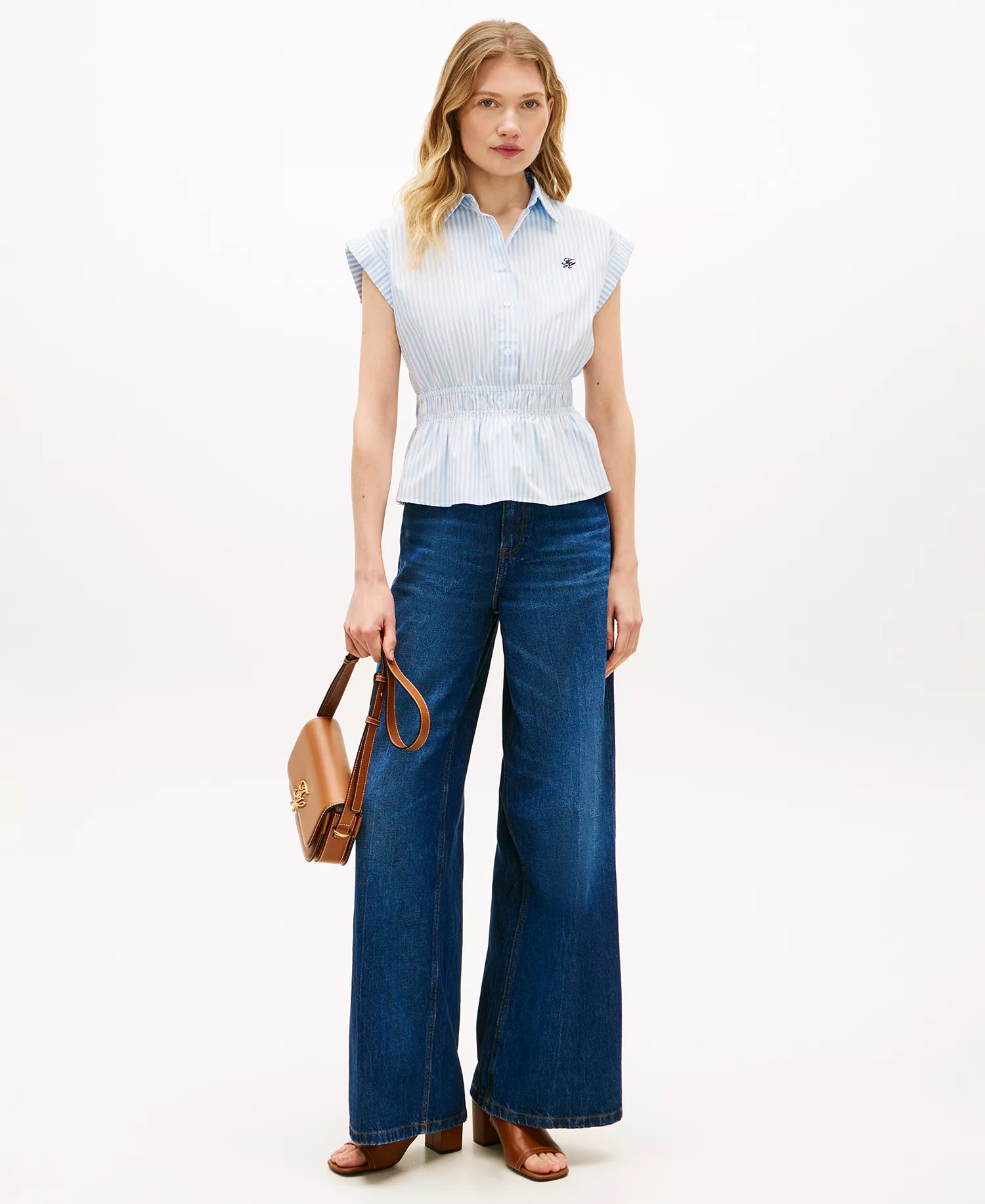 Women's Smocked Waist Shirt - Banker Stripe Vessel Blue / White - L