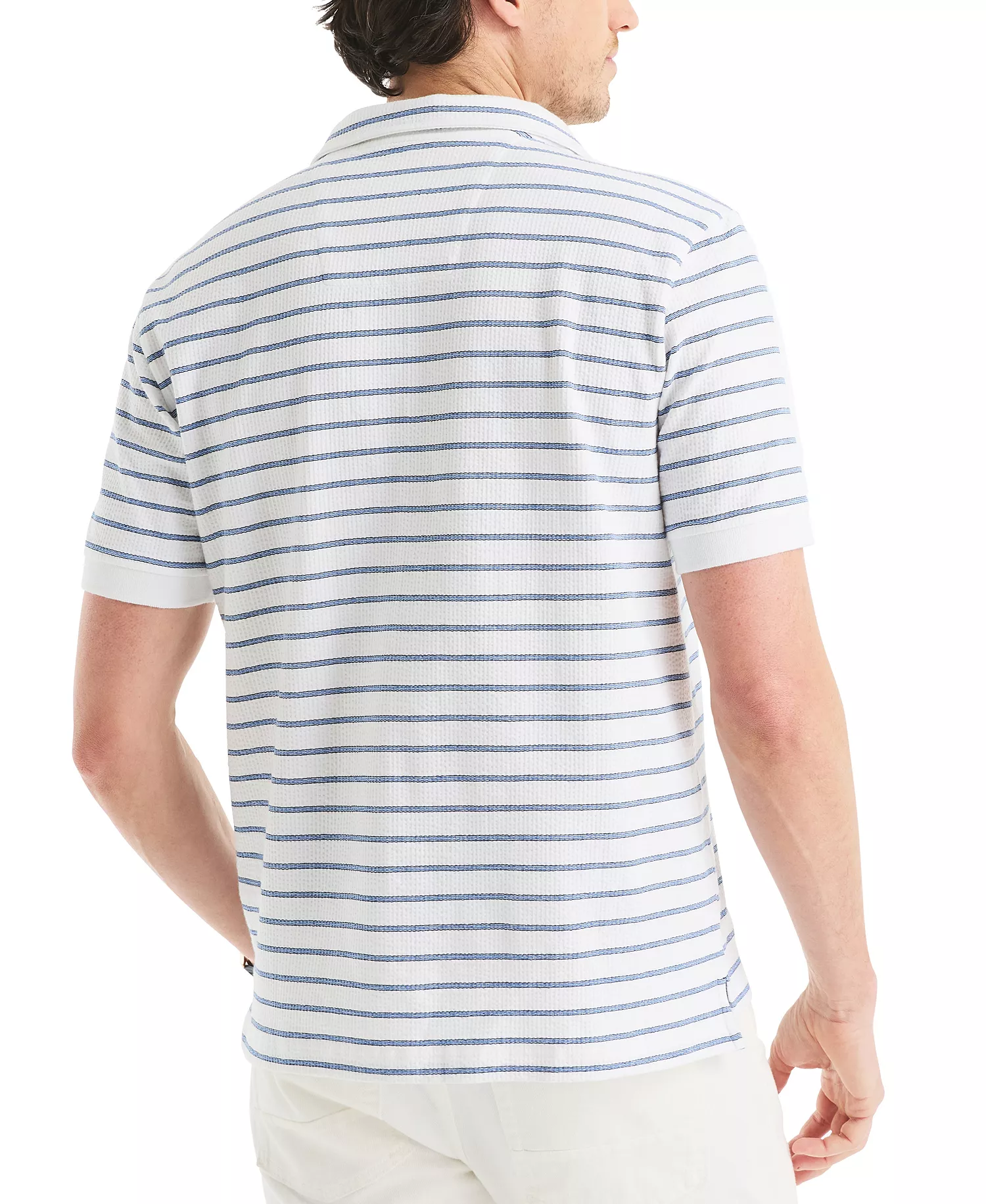 Men's Classic-Fit Stripe Seersucker Johnny Collar Pocket Polo Shirt - Bright White - 2XL