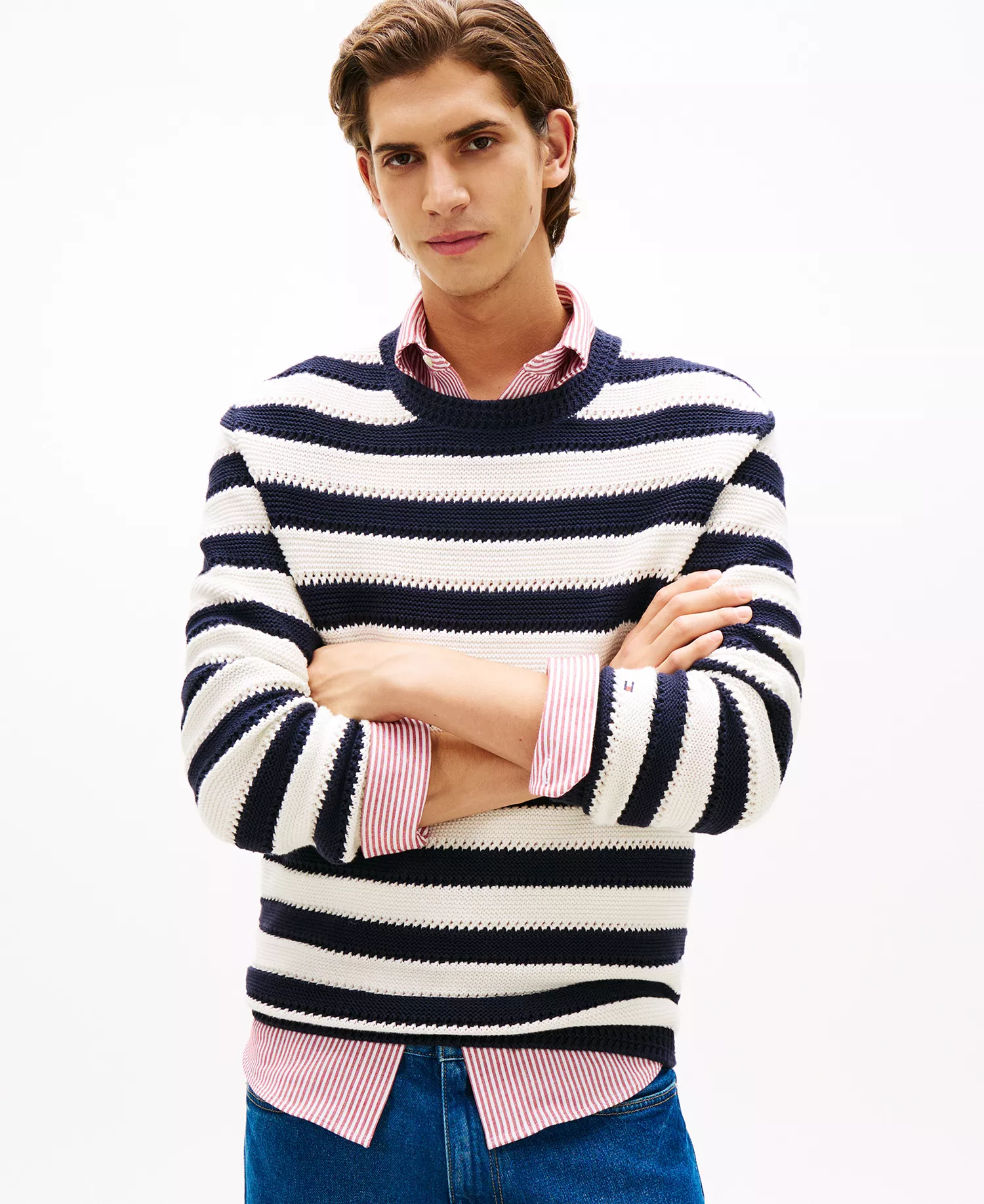 Men's Crewneck Crochet Block Stripe Sweater - Desert Sky / Ivory Petal - L