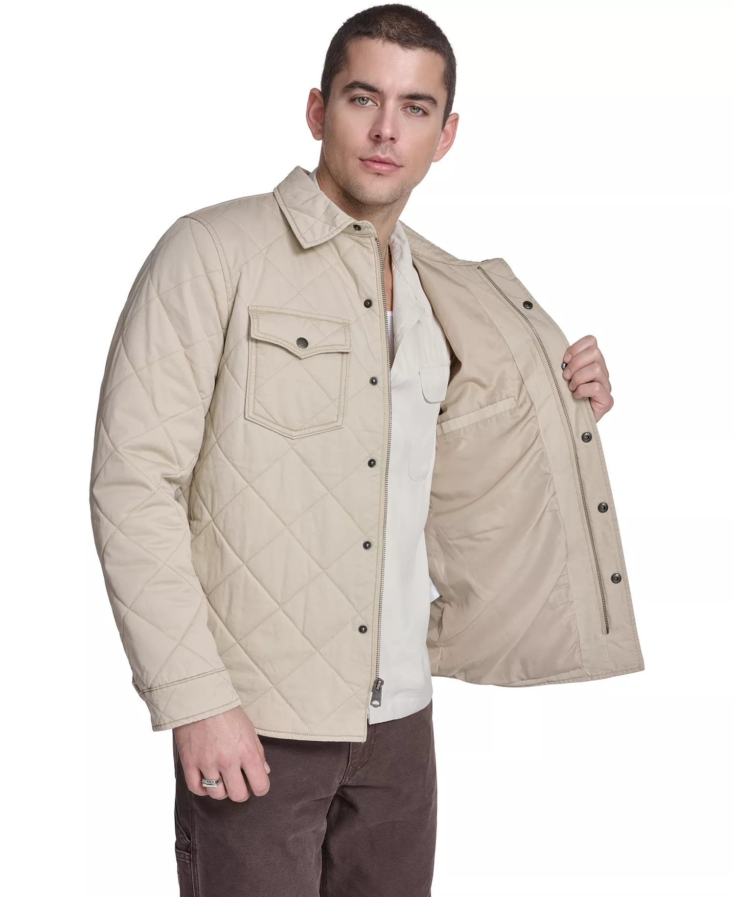 Men's Quilted Zippered Western Shirt Jacket - Safari - 2XL
