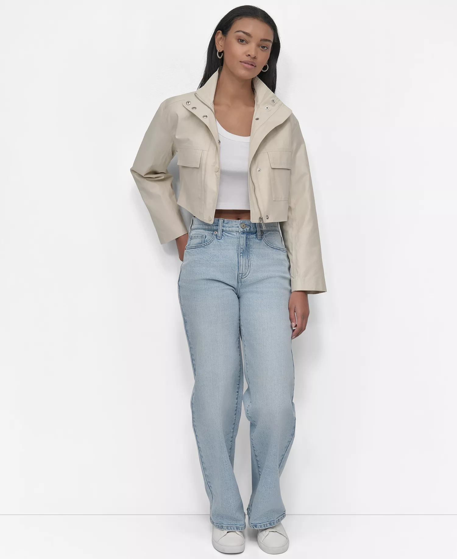 Women's Coated Water Resistant Cropped Utility Jacket - Light City Khaki - L