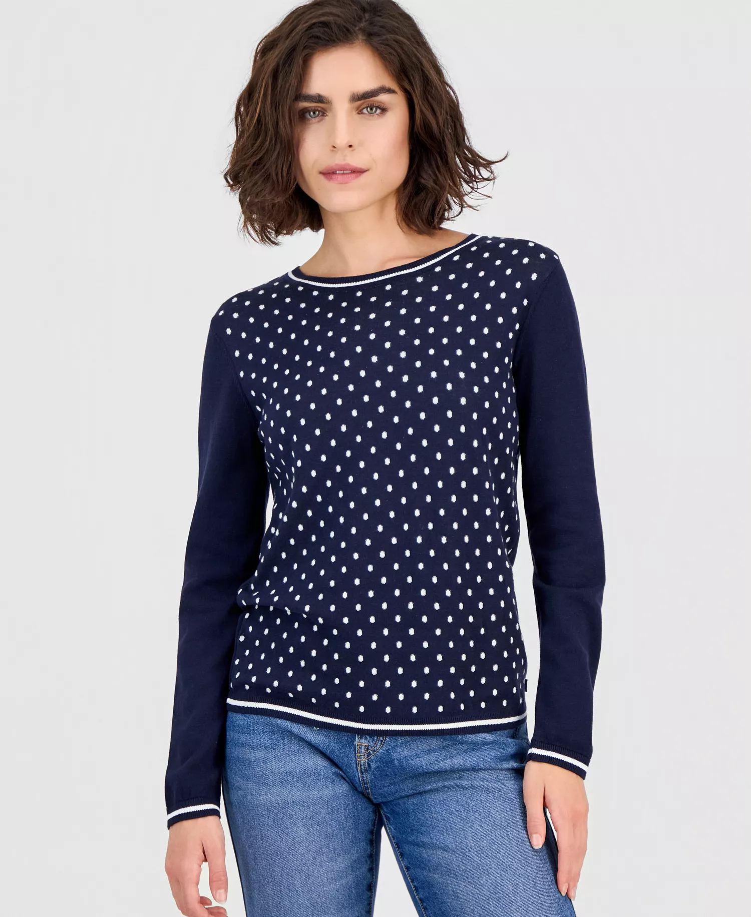 Nautica Women's Cotton Dot Crewneck Sweater - Night Sky/ Ivory - L