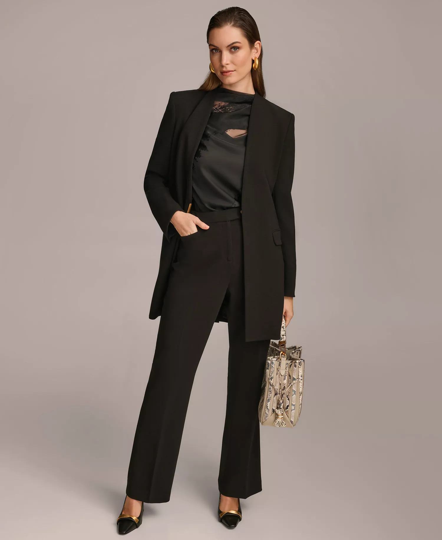 Collarless Topper Jacket & Straight-Leg Pant Suit Separates - Black - 0