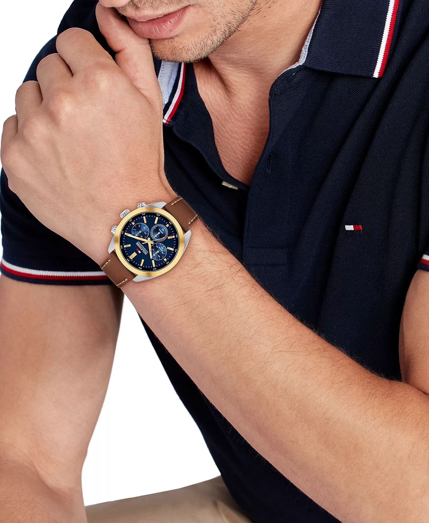 Men's Chronograph Brown Leather Strap Watch, 40mm - Navy - 40