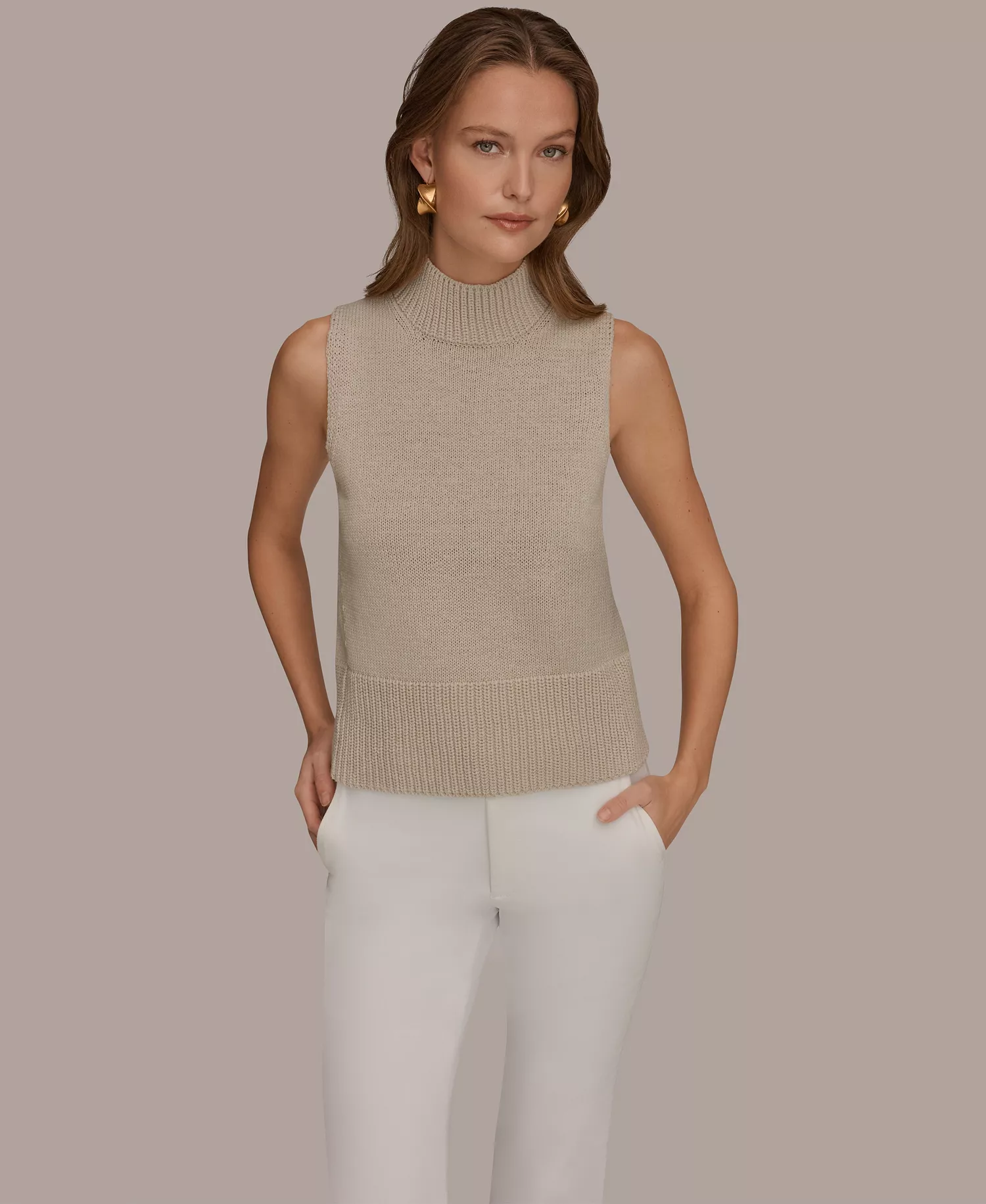 Women's Sleeveless Mock Neck A-Line Sweater - Tuscan Grey - L