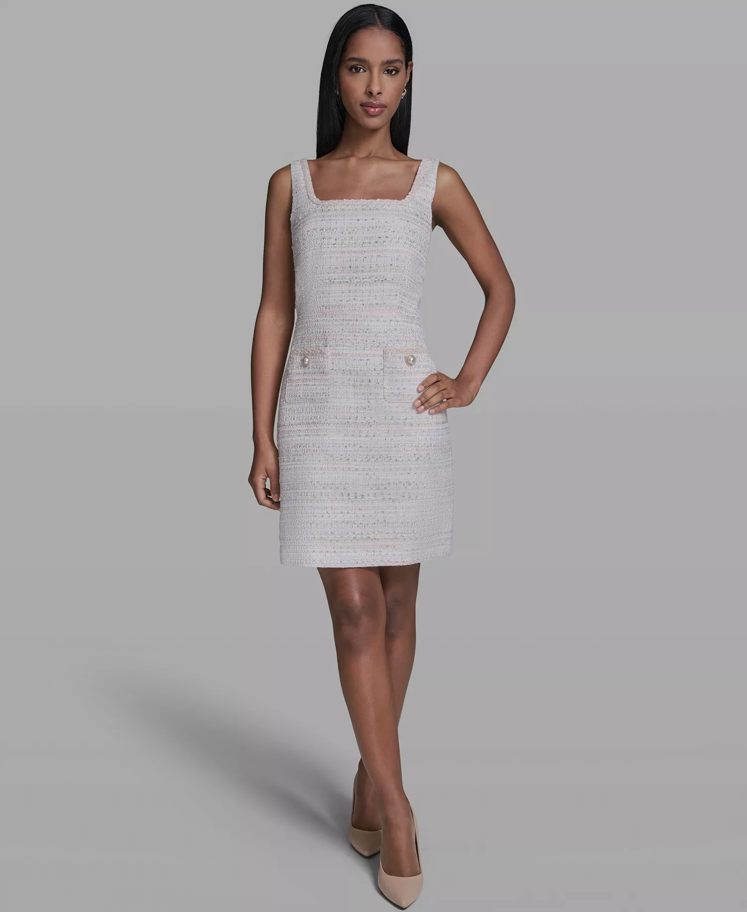 Women's Metallic A-Line Square Neck Dress - Soft White Multi - 0