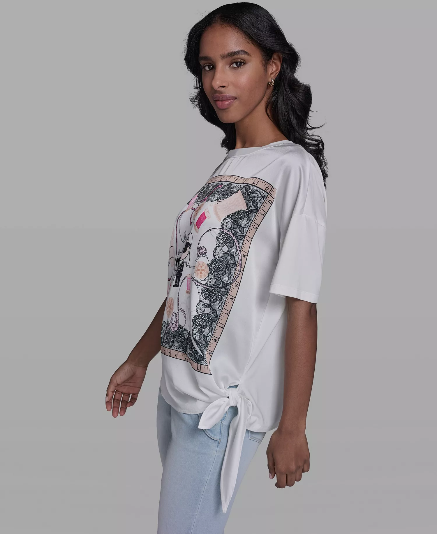 Women's Karl & Choupette Frame Side Tie Crew Neck T-Shirt - Soft White - L