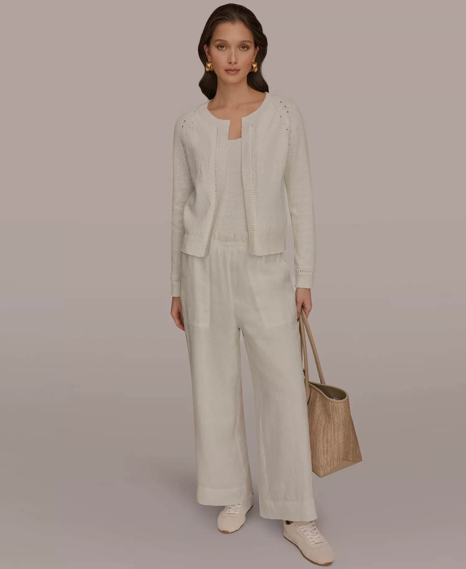 Women's Pointelle Stitch Open-Front Cotton Cardigan  - Cream - L