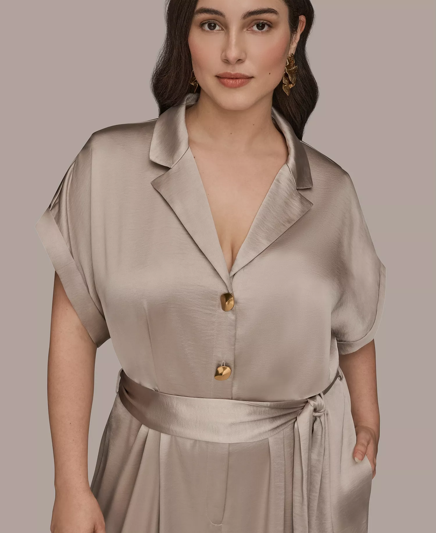 Plus Size Satin Collared Jumpsuit - Vapor - 14W