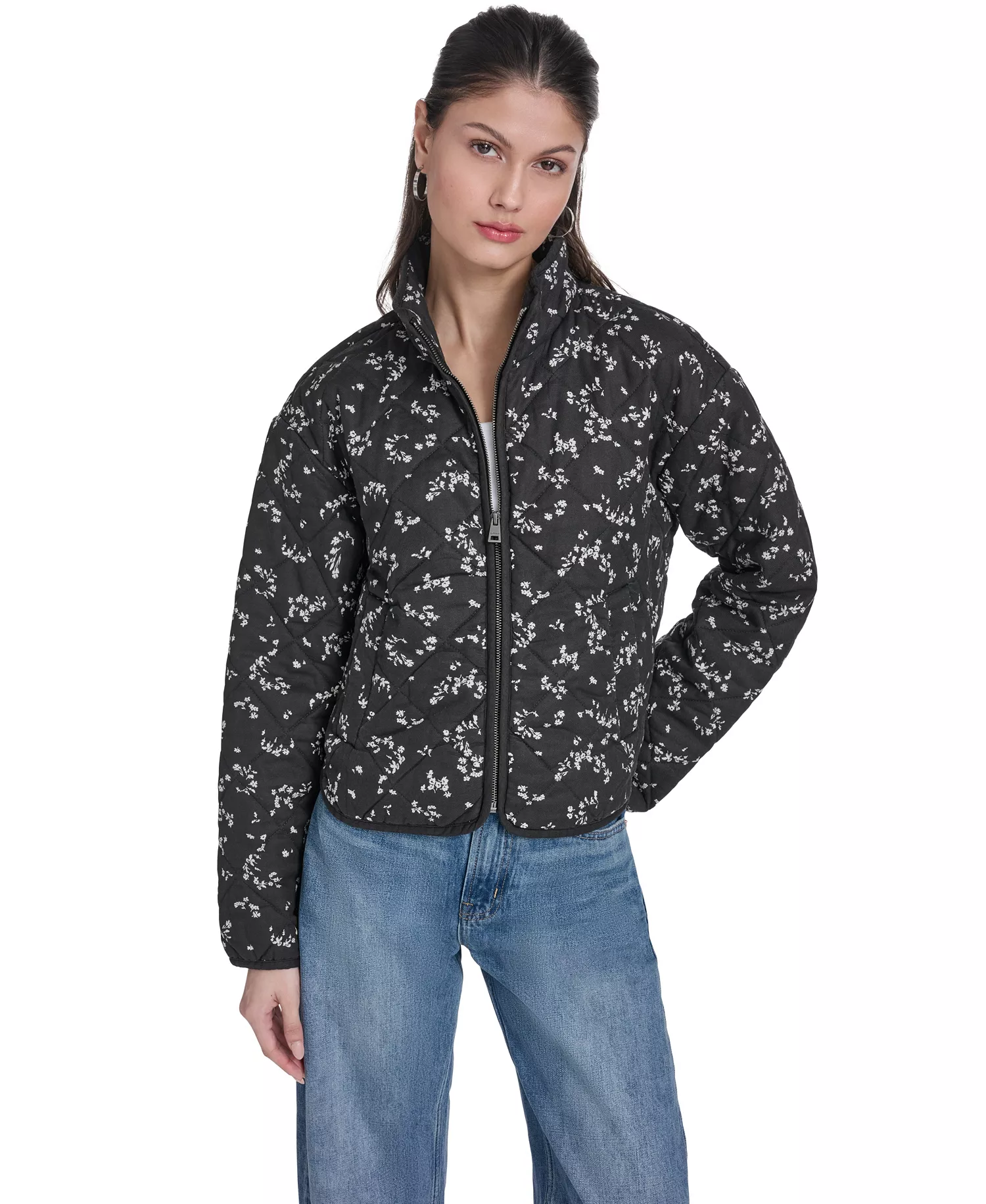 Women's Quilted Short Liner Zipper Jacket - Black / White Floral - L