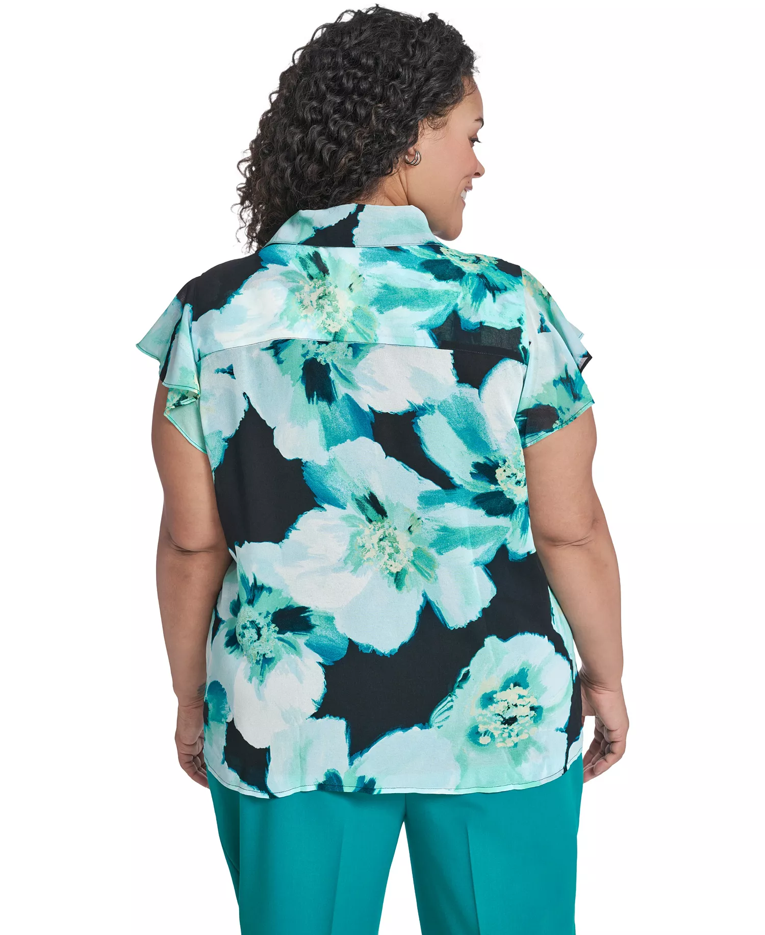 Plus Size Collared Neck Short-Sleeve Top - Navy/Seaspray Multi - 1X