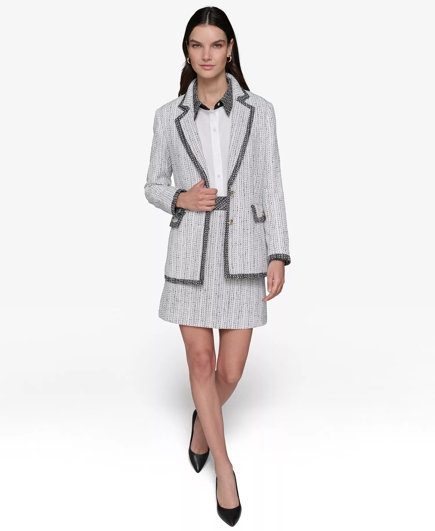 Tweed Blazer, Blouse & Tweed A-Line Skirt - Soft White/ Black - 10