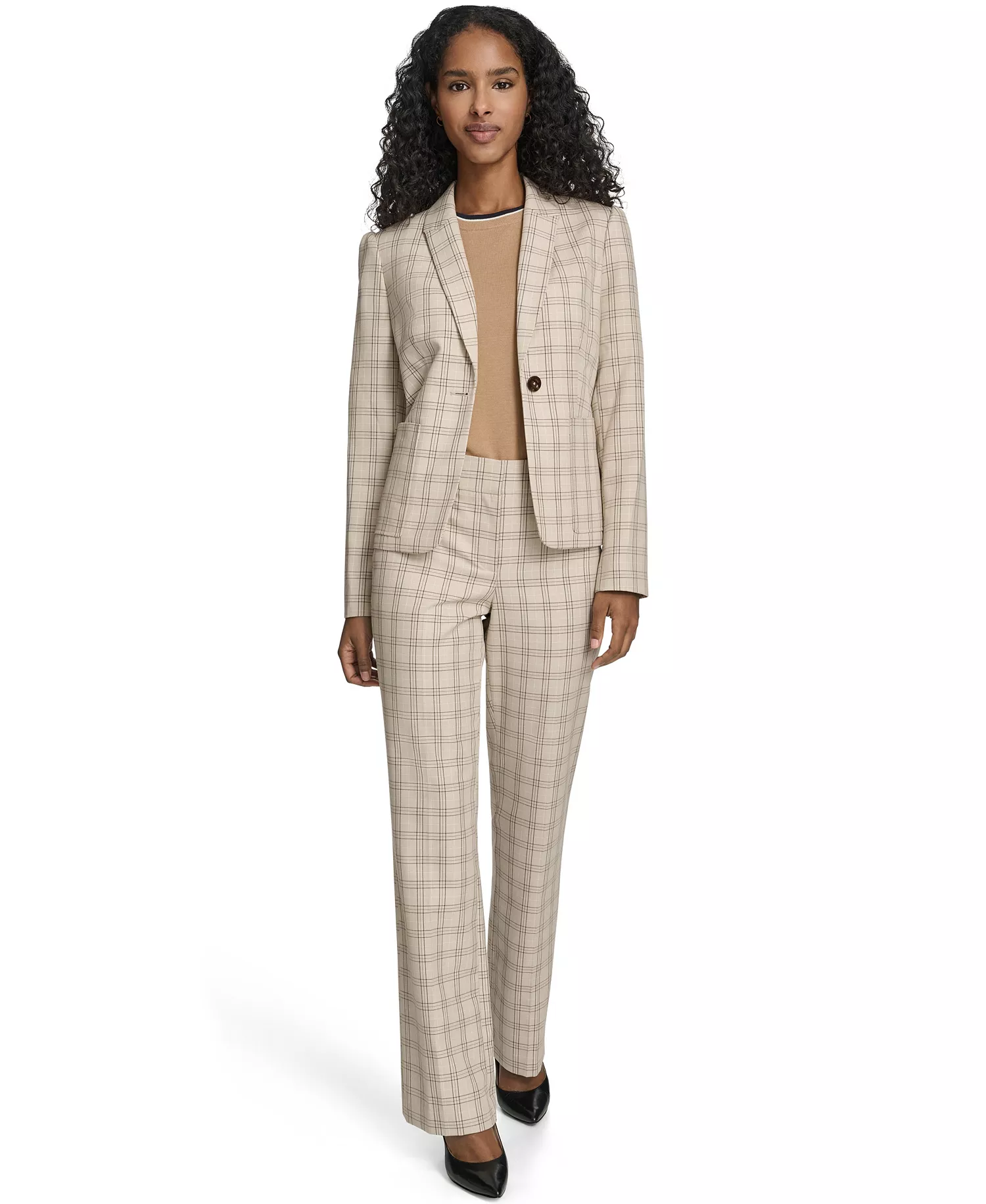 Women's Plaid One Button Blazer Jacket, Plaid Bootcut Trousers and Clip Dot Pleated Bib Pull-On Top - Latte Multi - 0