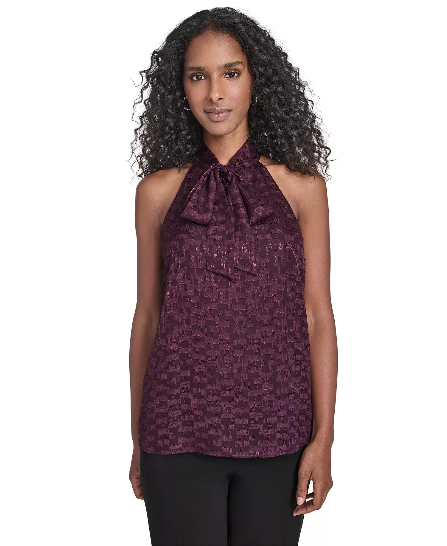 Women's Novelty Sleeveless Tie Neck Top - Aubergine - L