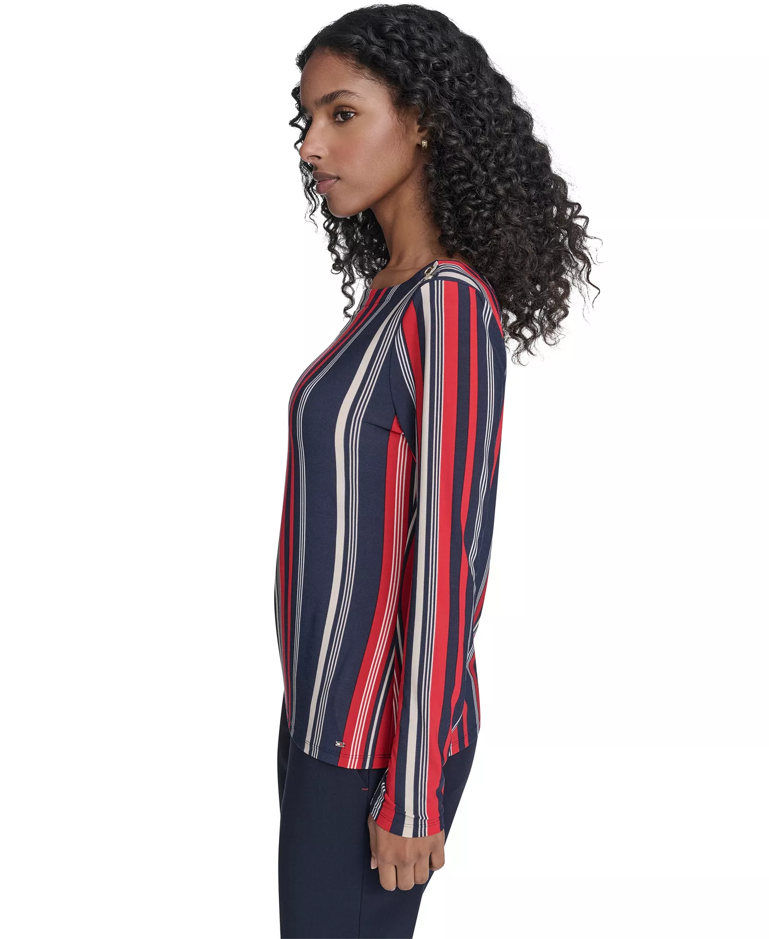 Women's Striped Long Sleeve Boat Neck Top - Midnight/ Scarlet - L