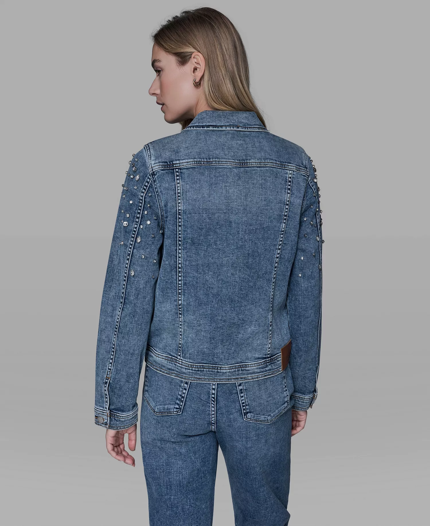 Women's Button Front Embellished Denim Jacket - Blue Star - L