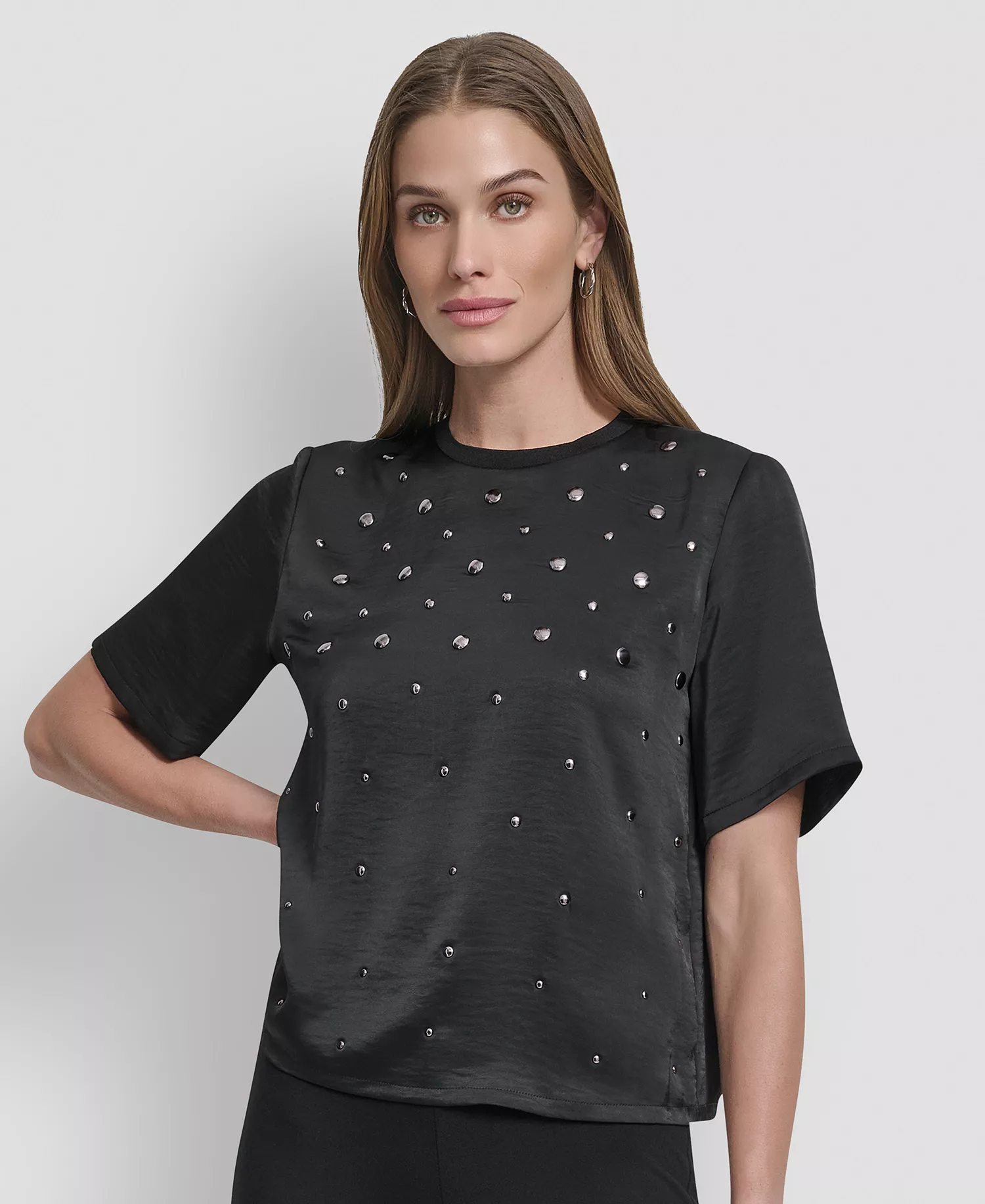 Women's Studded Boxy Short Sleeve Top - Black - S