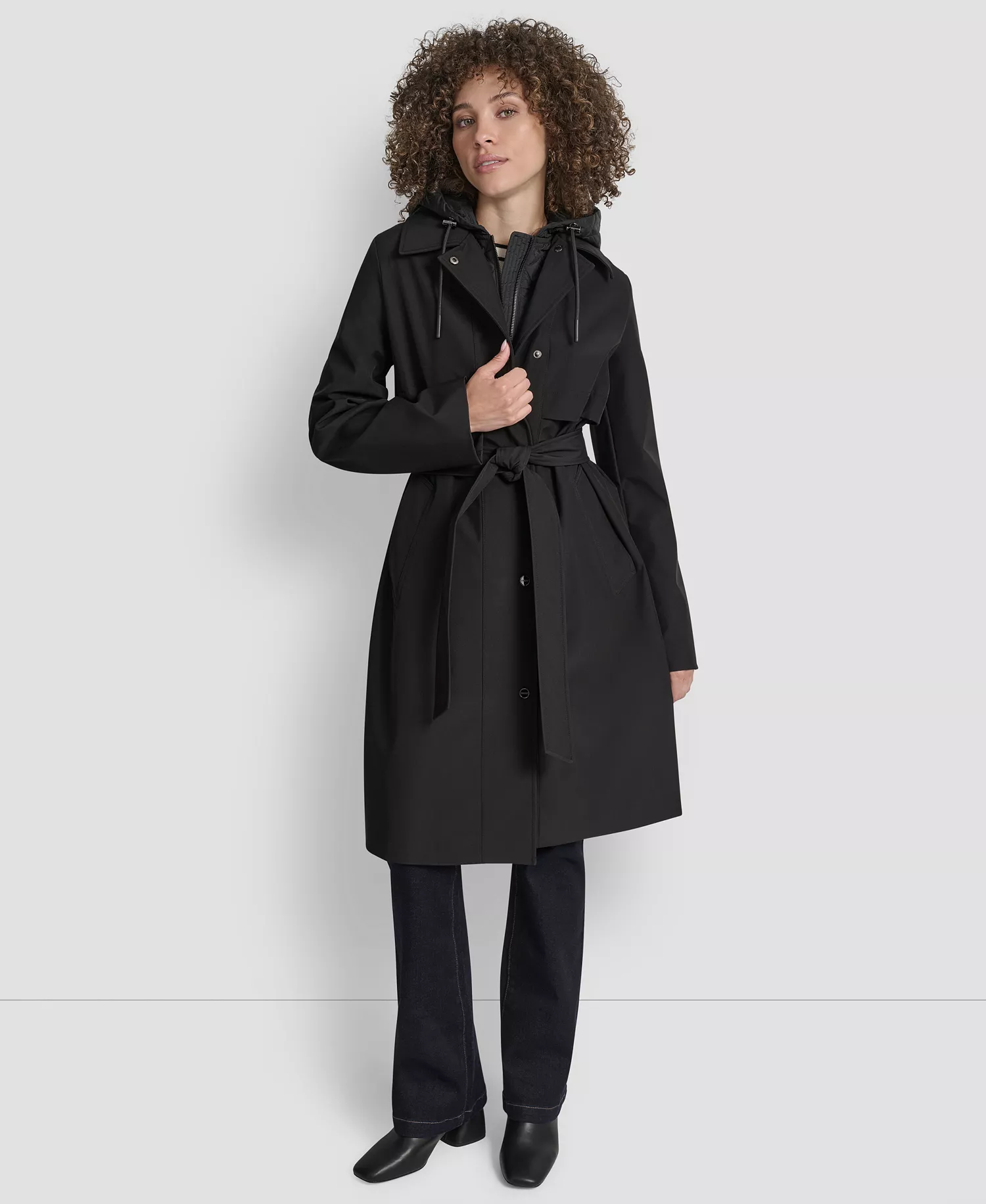 Women's Hooded Bibbed Belted Trench Coat - Black - L