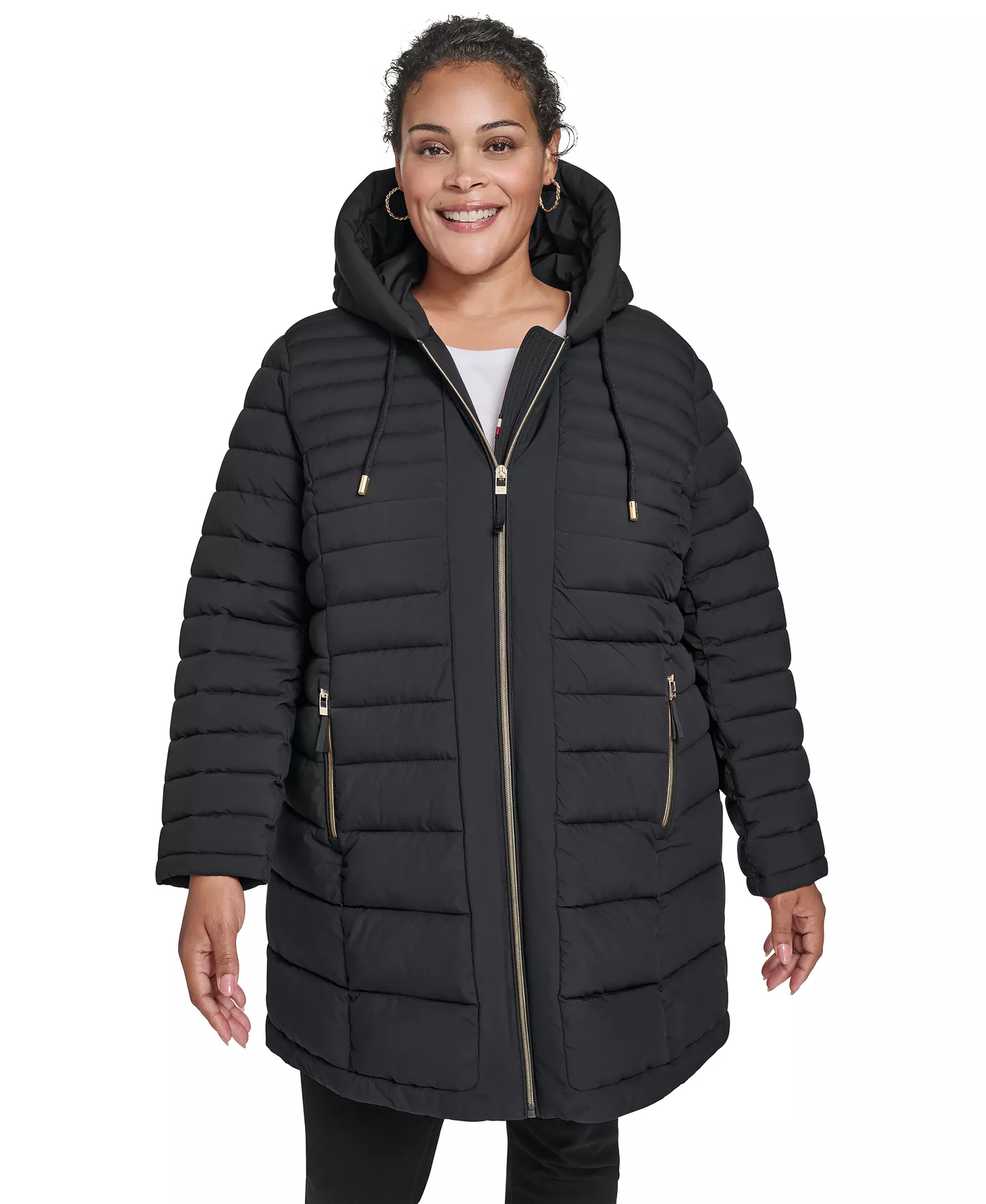 Plus Size Hooded Packable Puffer Coat - Black - 0X