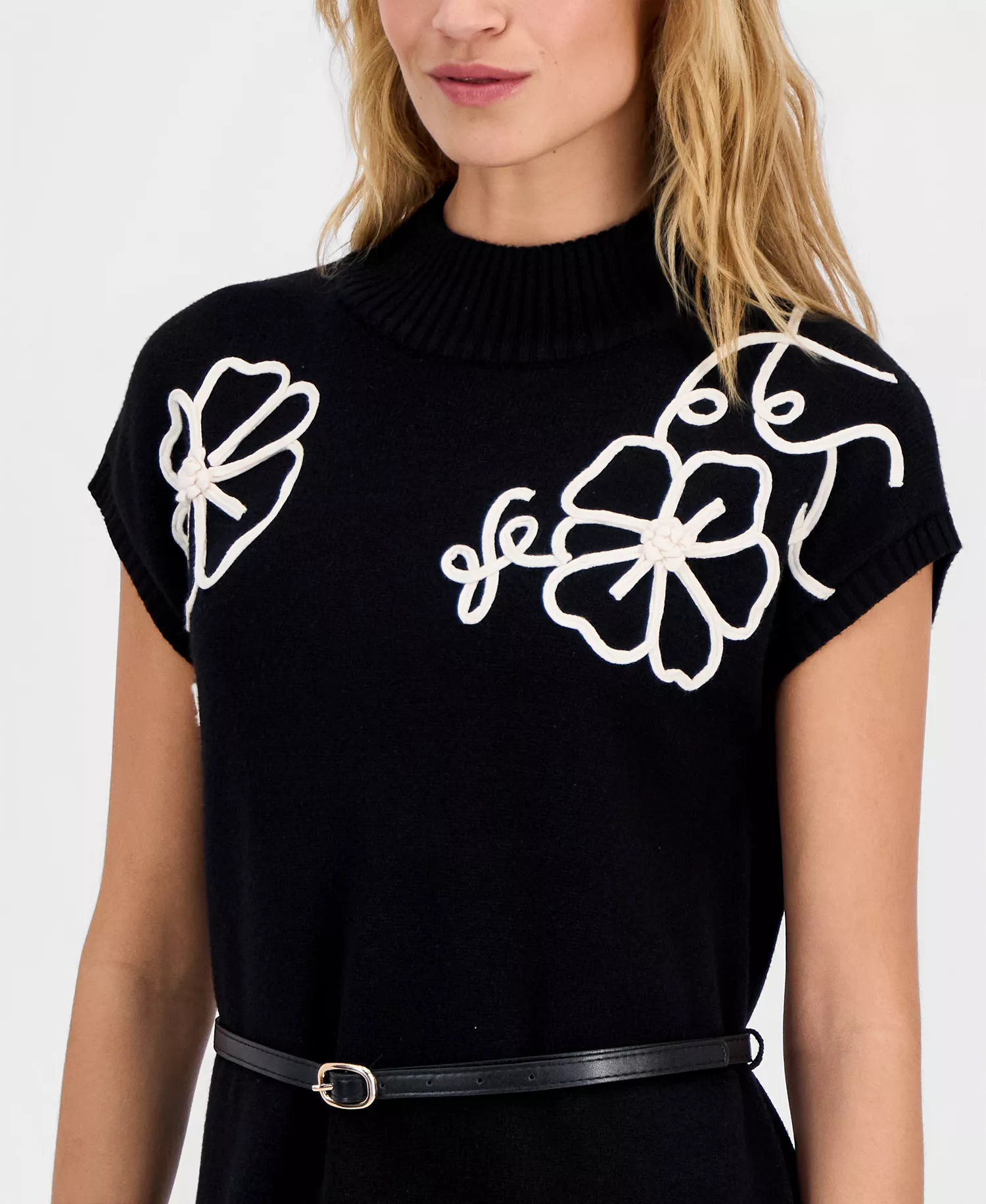 Women's Floral-Embroidered Sweater Dress - Black - L