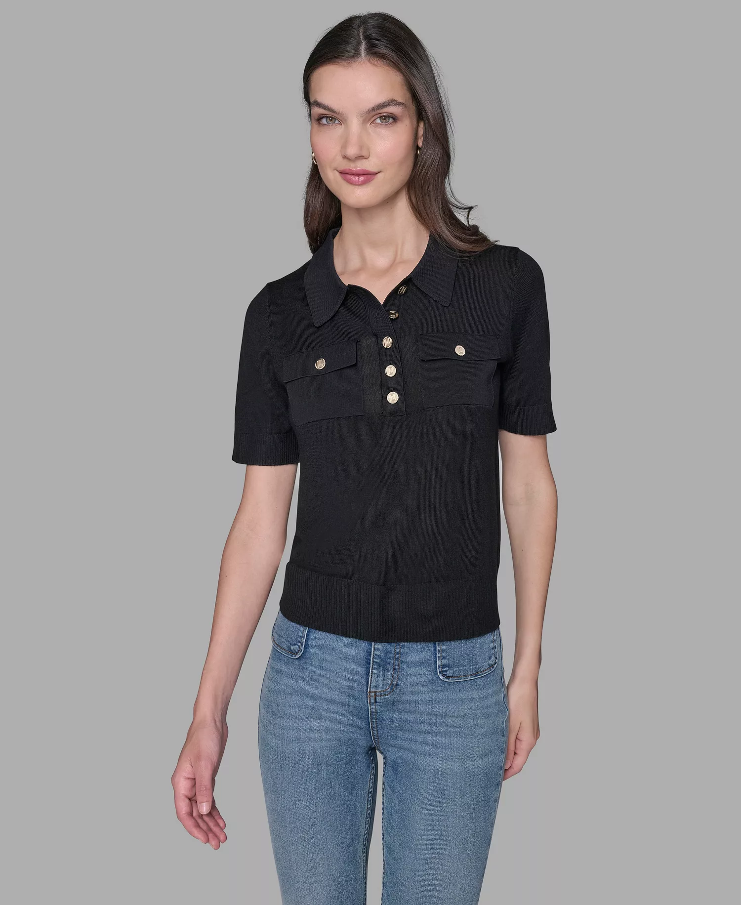 Women's Short-Sleeve Button-Front Sweater - Black - XS