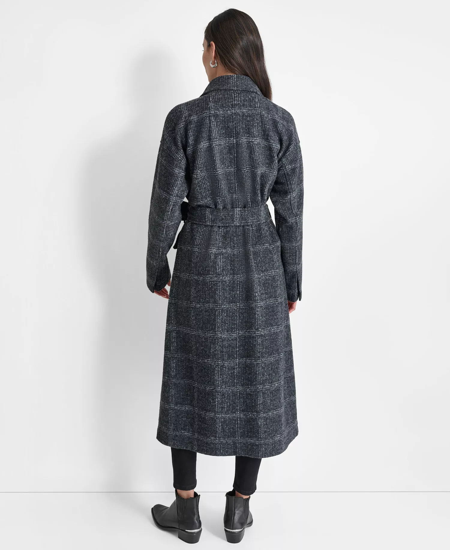 Women's Belted Long-Sleeve Robe Coat - Black green plaid - L