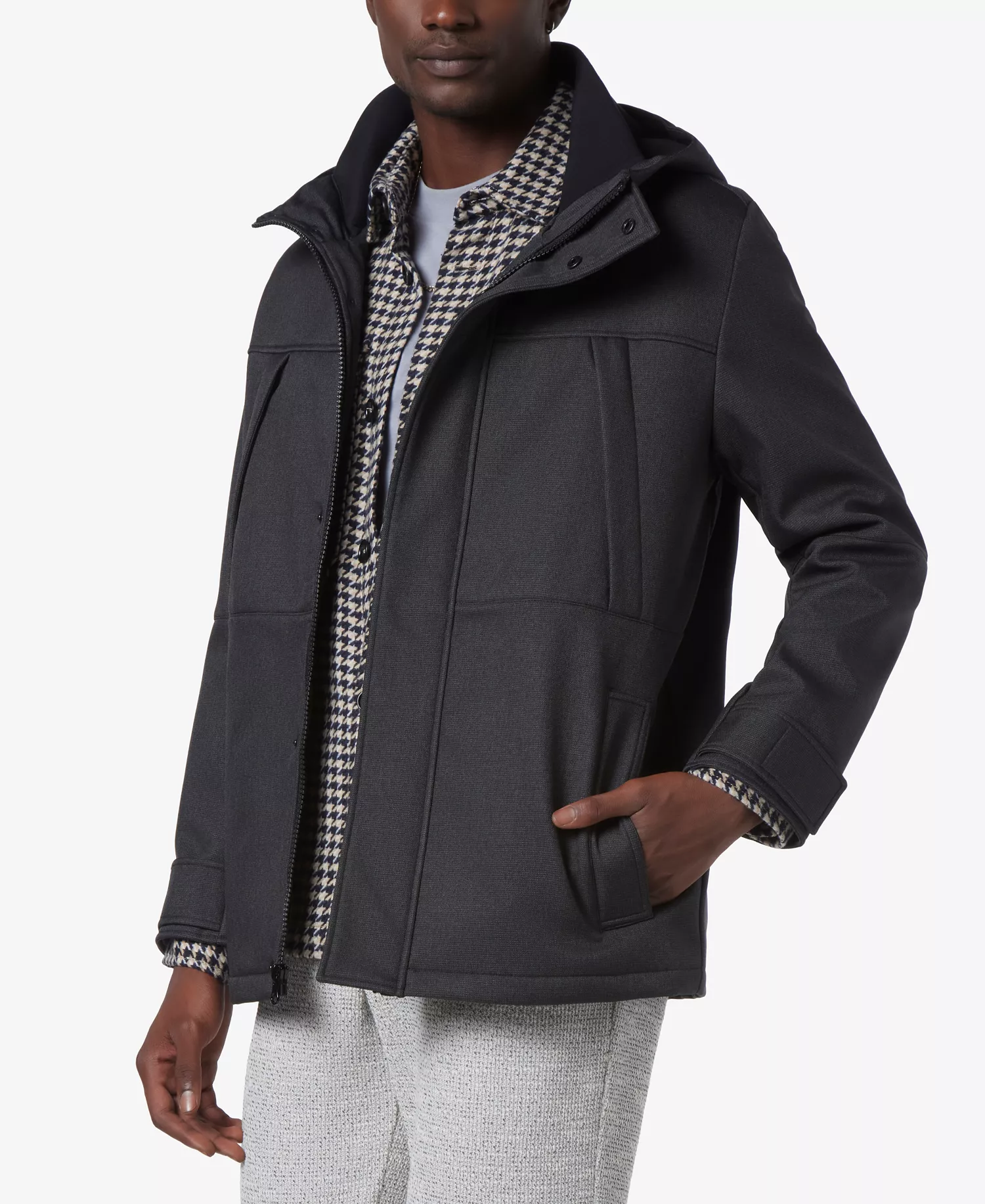 Men's Tompkins Micro-Houndstooth Fleece-Lined Soft Shell Hooded Parka - Black - M