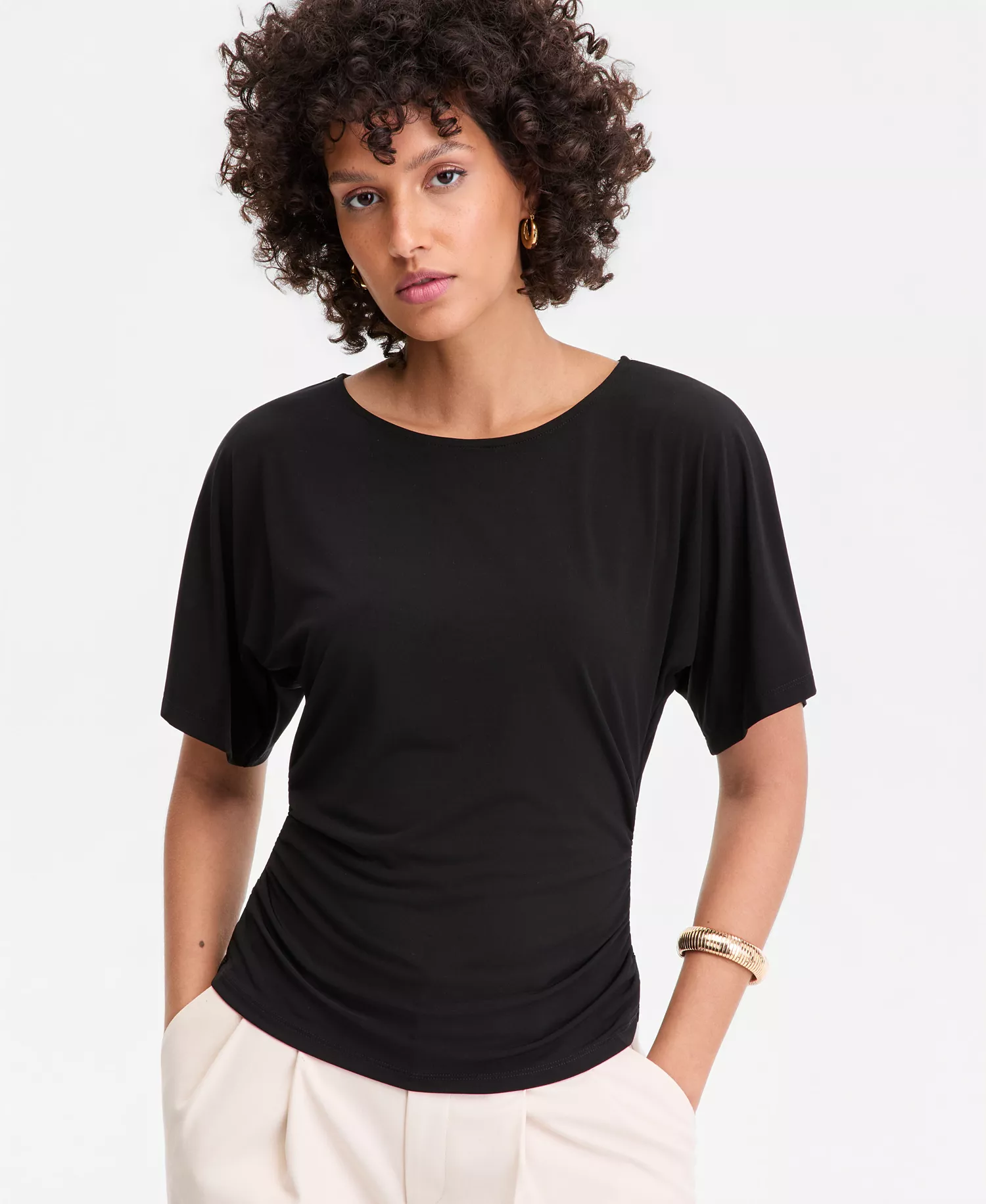 Women's Ruched-Waist Short-Sleeve T-Shirt, Macy's Exclusive  - Deep Black - L