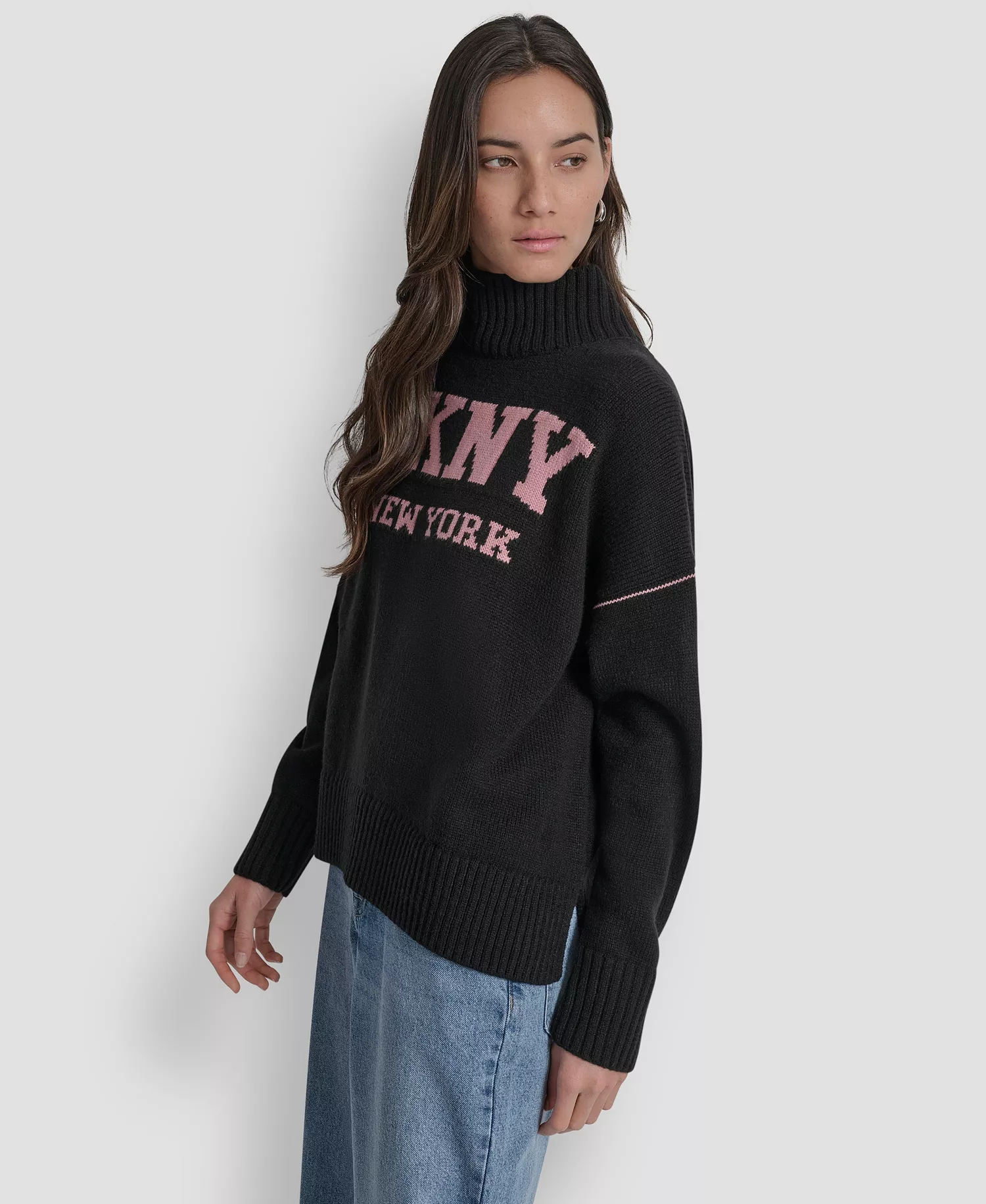 Women's Intarsia Logo Turtleneck Sweater - Black/Dusty Mauve - L