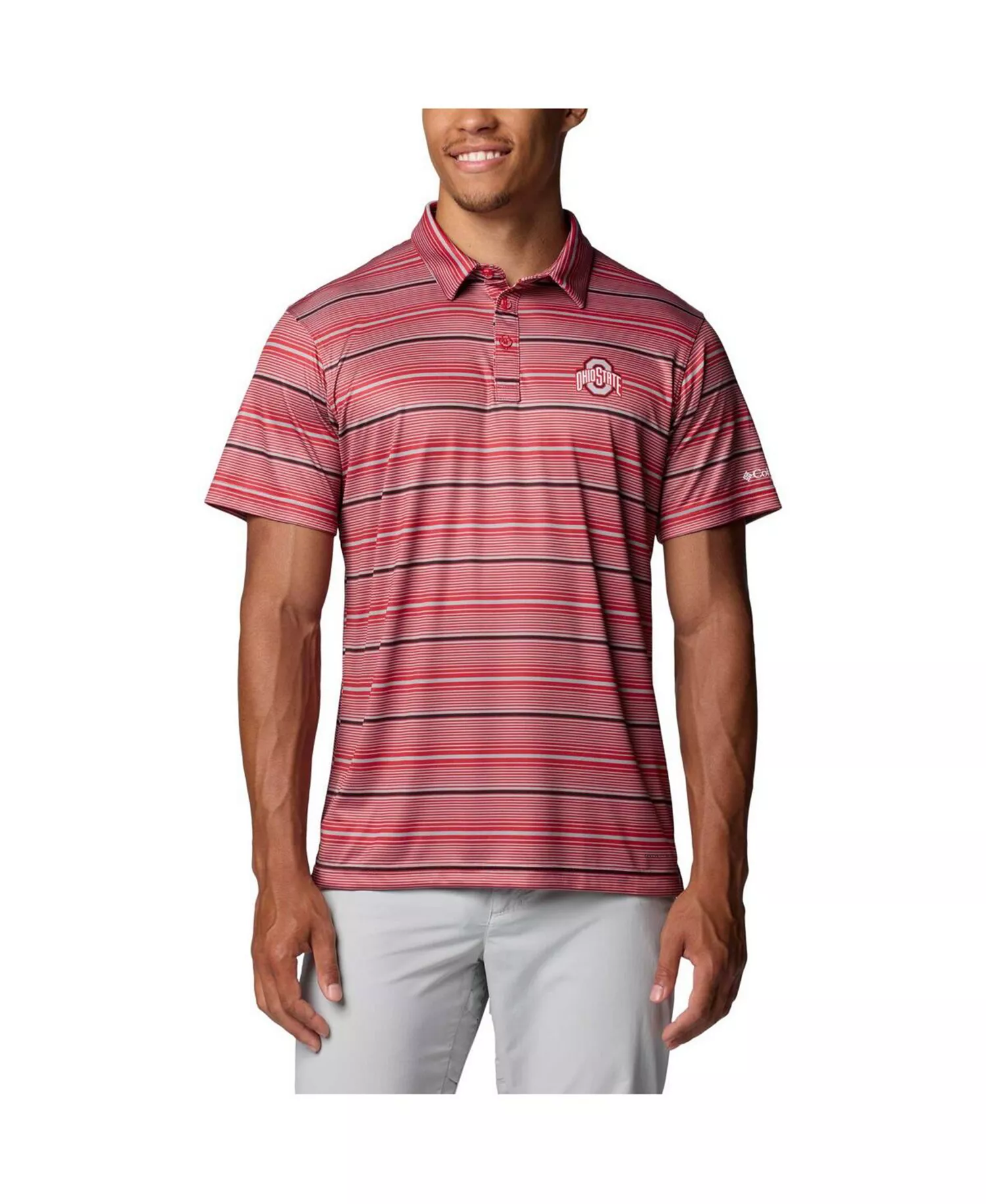 Men's Scarlet Ohio State Buckeyes PFG Super Terminal Tackle™ Omni-Shade™ Stripe Polo Shirt - Scarlet - L