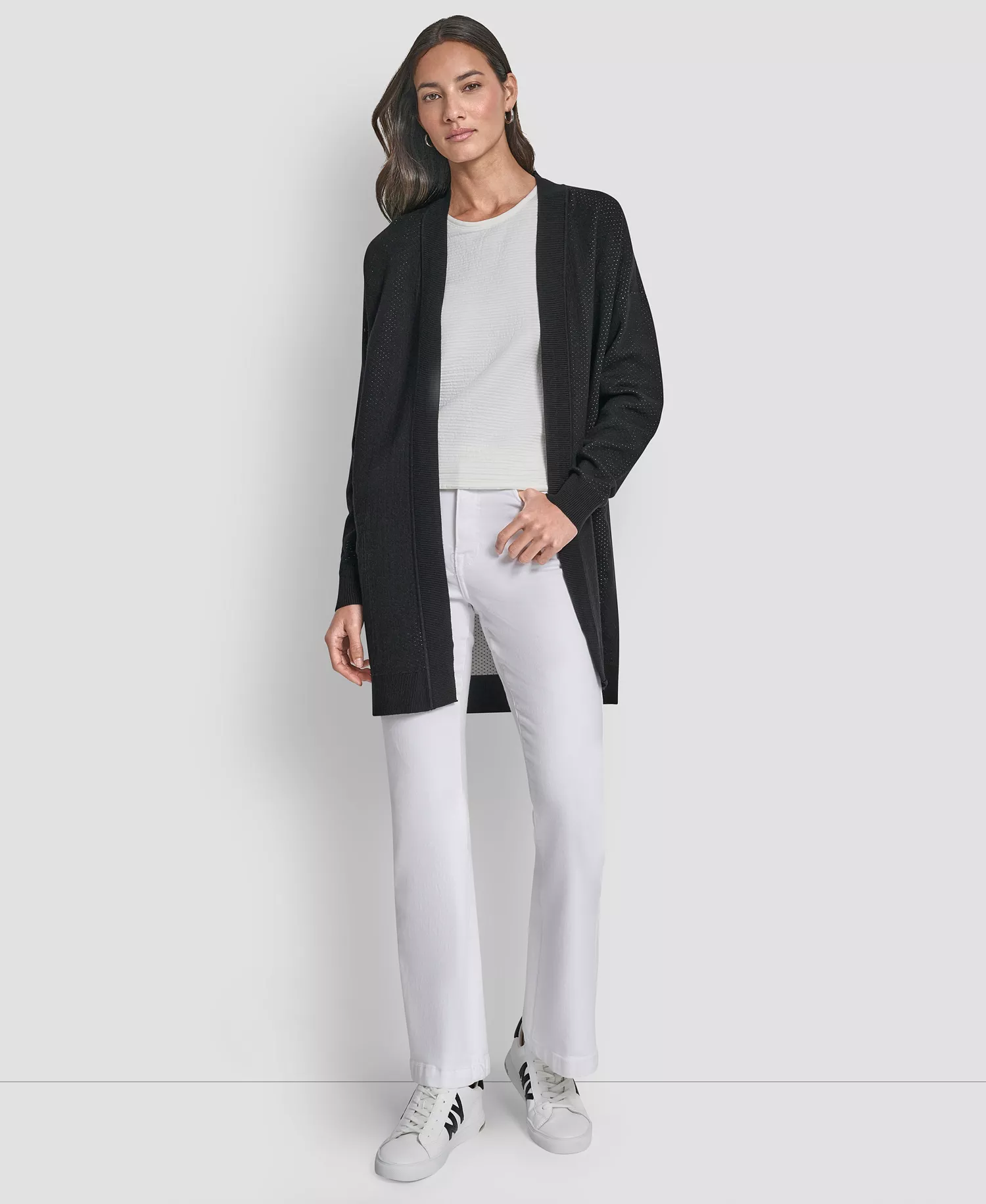 Women's Long Sleeve Open Front Cardigan - Black/Ivory - L
