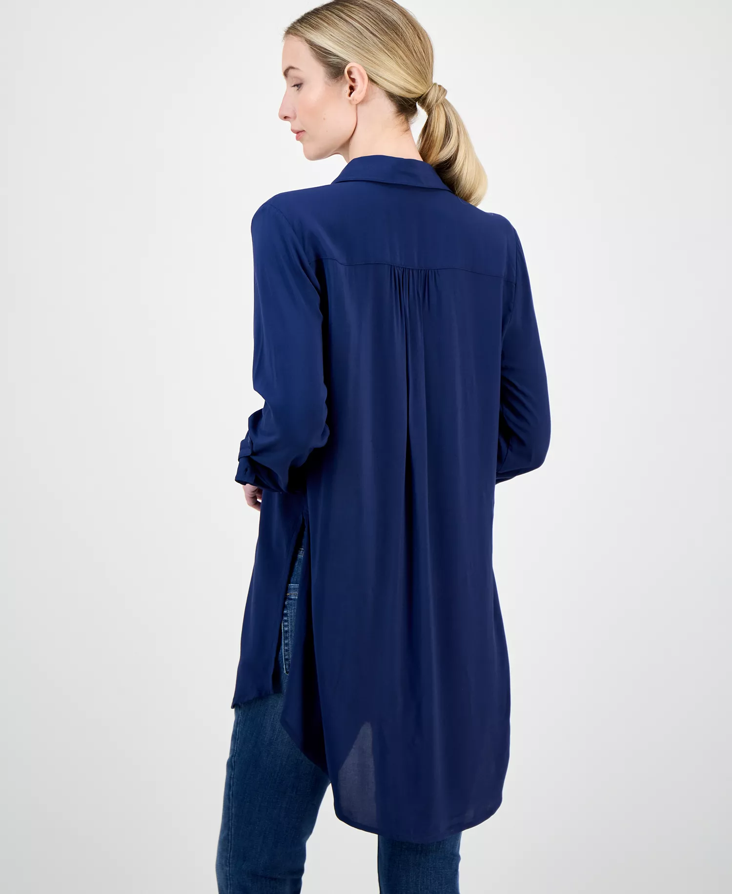 Women's Roll-Tab Button-Down Long Blouse, Created for Macy's - Indigo Sea - L