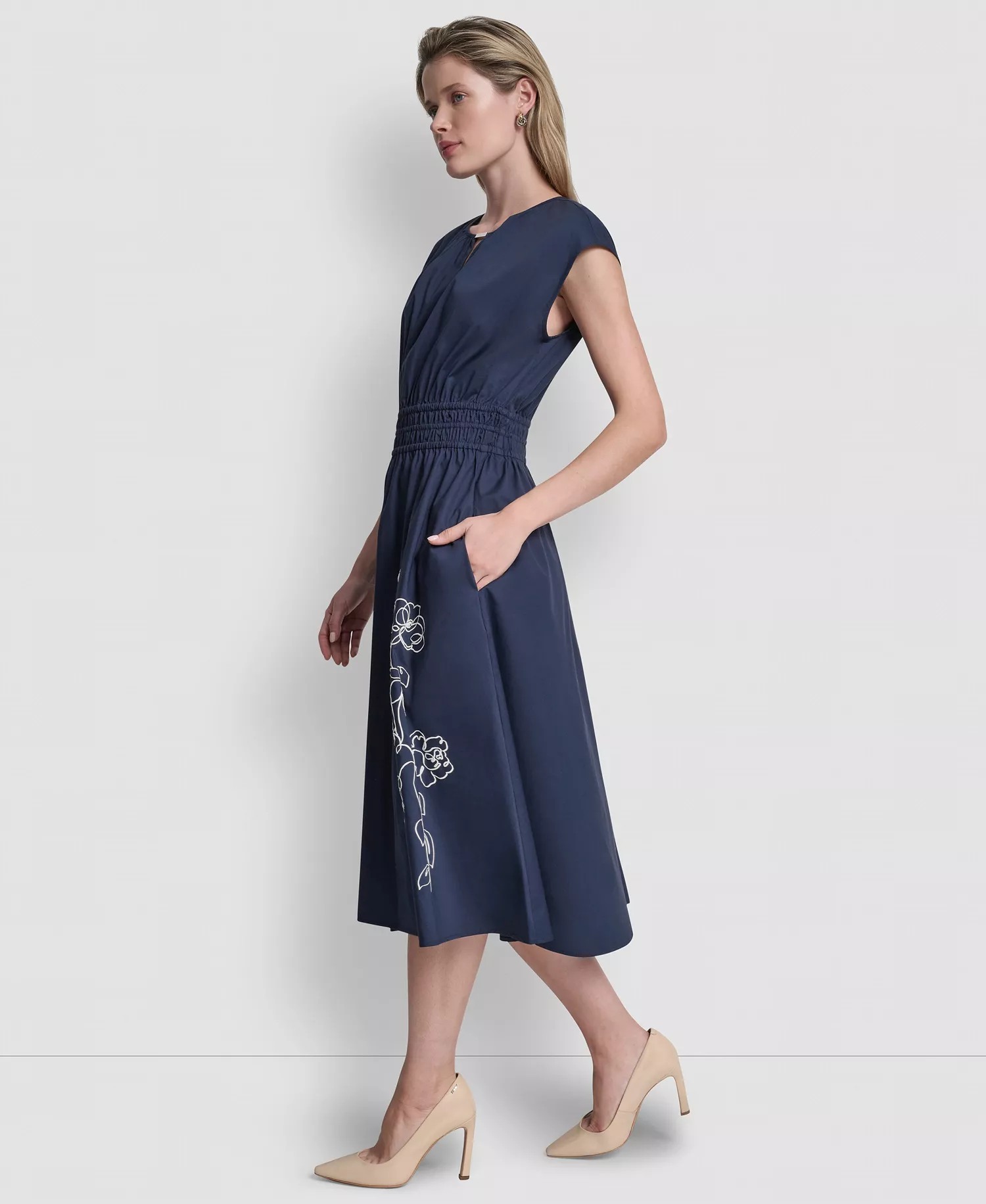 Women's Cap-Sleeve Jewel Neck Keyhole Midi Dress - Indigo - 10