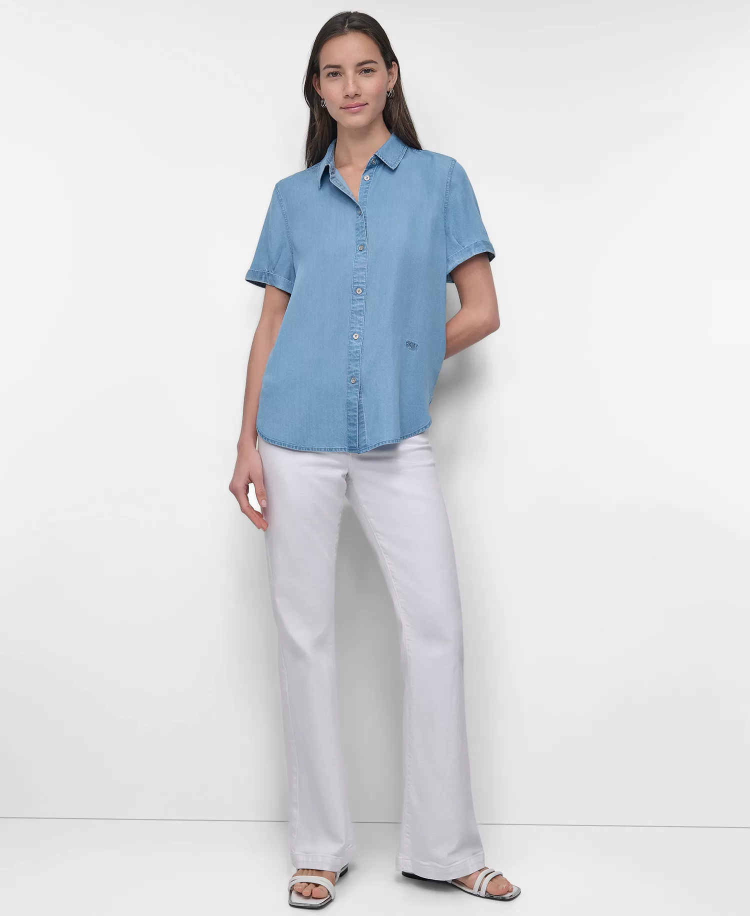 Women's Print Rolled Short-Sleeve Shirt - Chambray - L