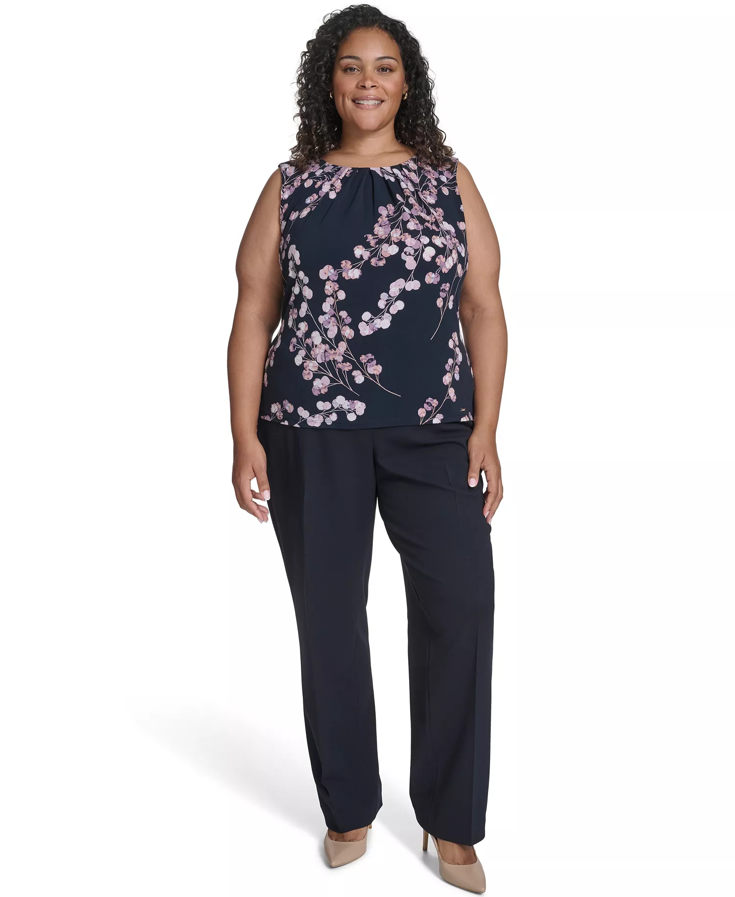 Women's Plus Size Printed Sleeveless Scoop Neck Top - Navy Cream Multi - 1X