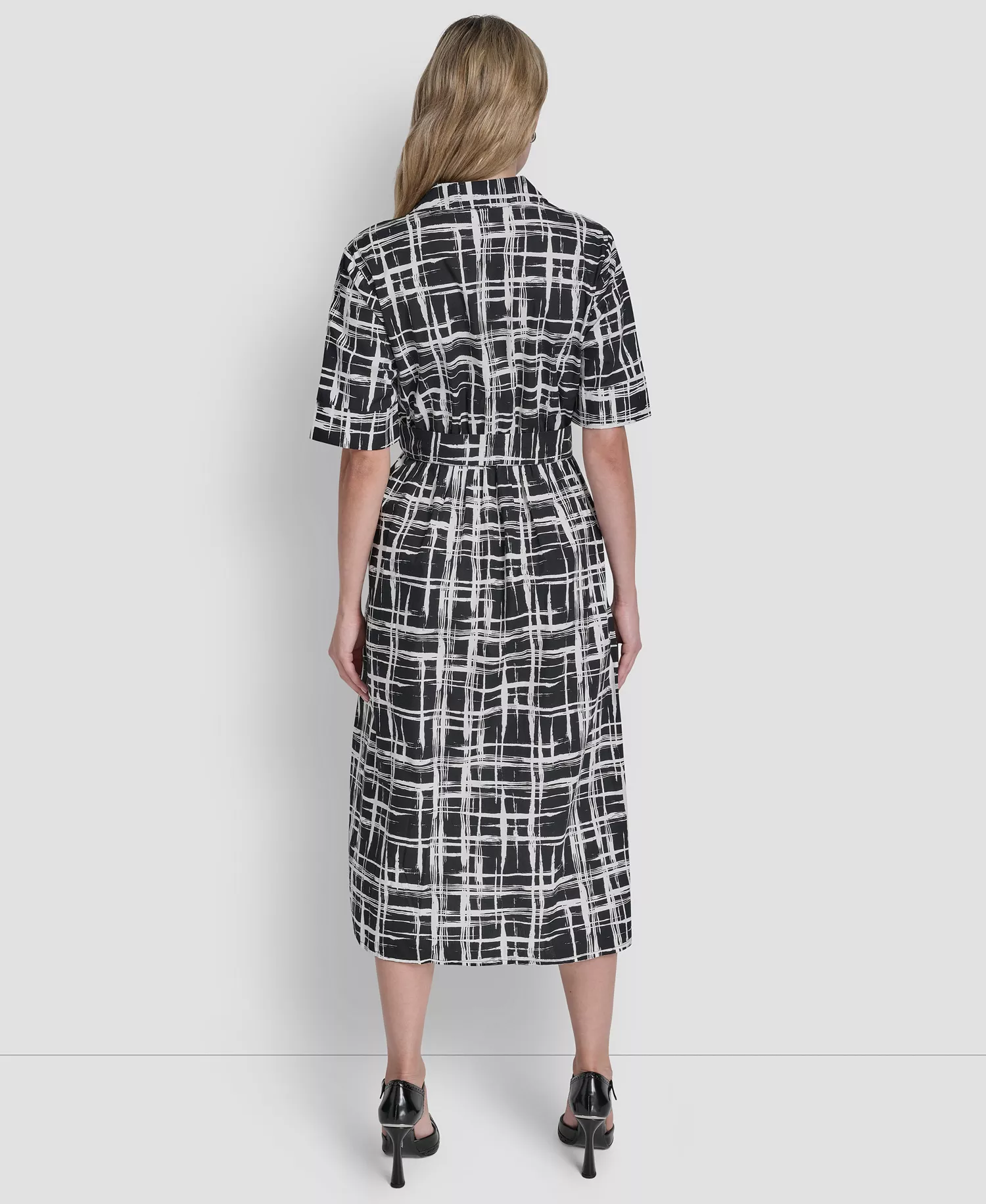 Women's 3/4-Sleeve Collared Neck Cotton Midi Shirt Dress - Black/Ivory - 10