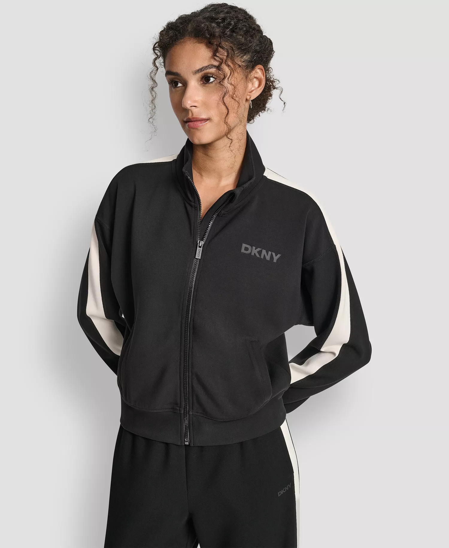 Women's Full Zip Mock Neck Track Jacket - Black/Eggnog - L