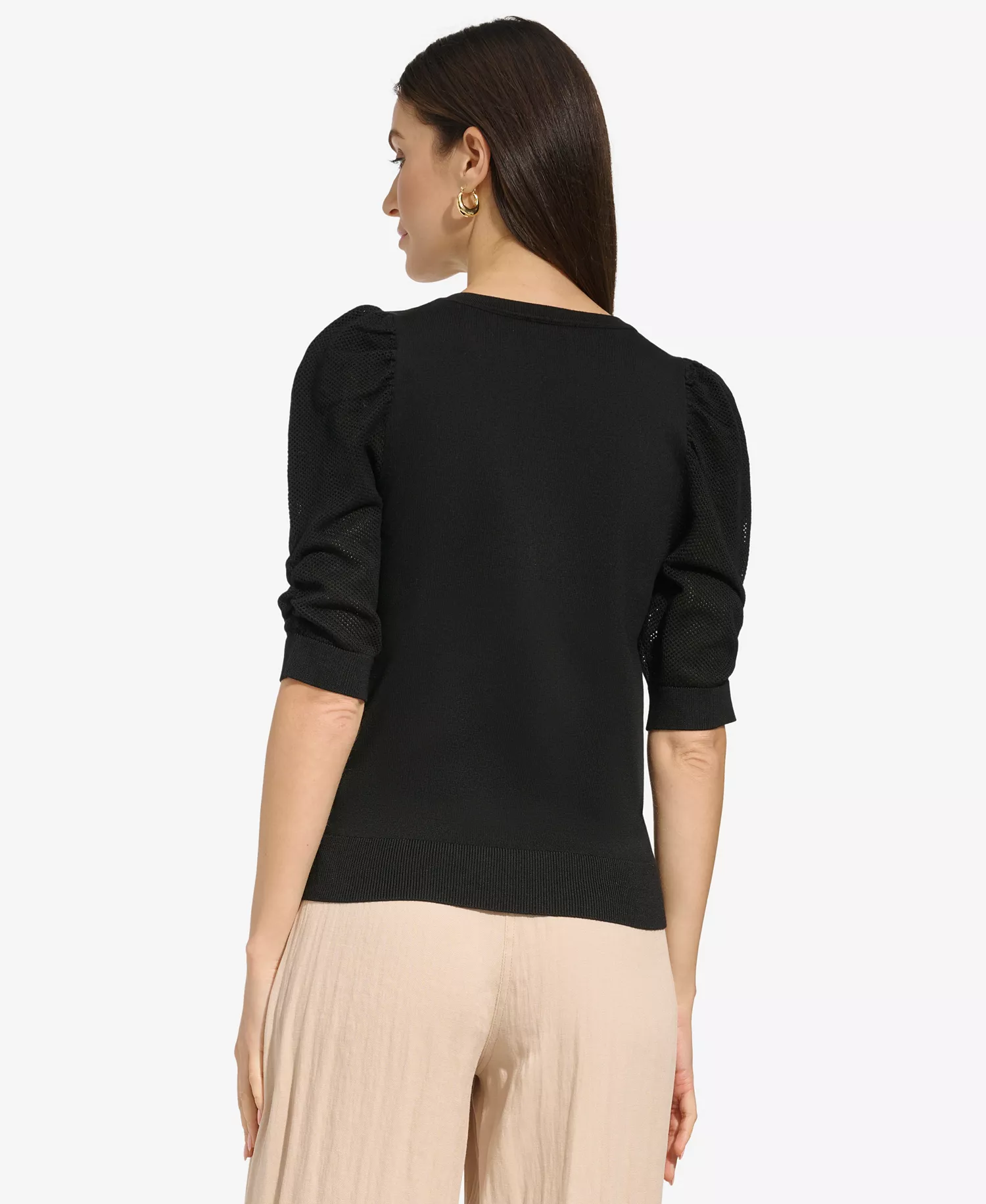 Women's Puff-Sleeve V-Neck Sweater - Black - L