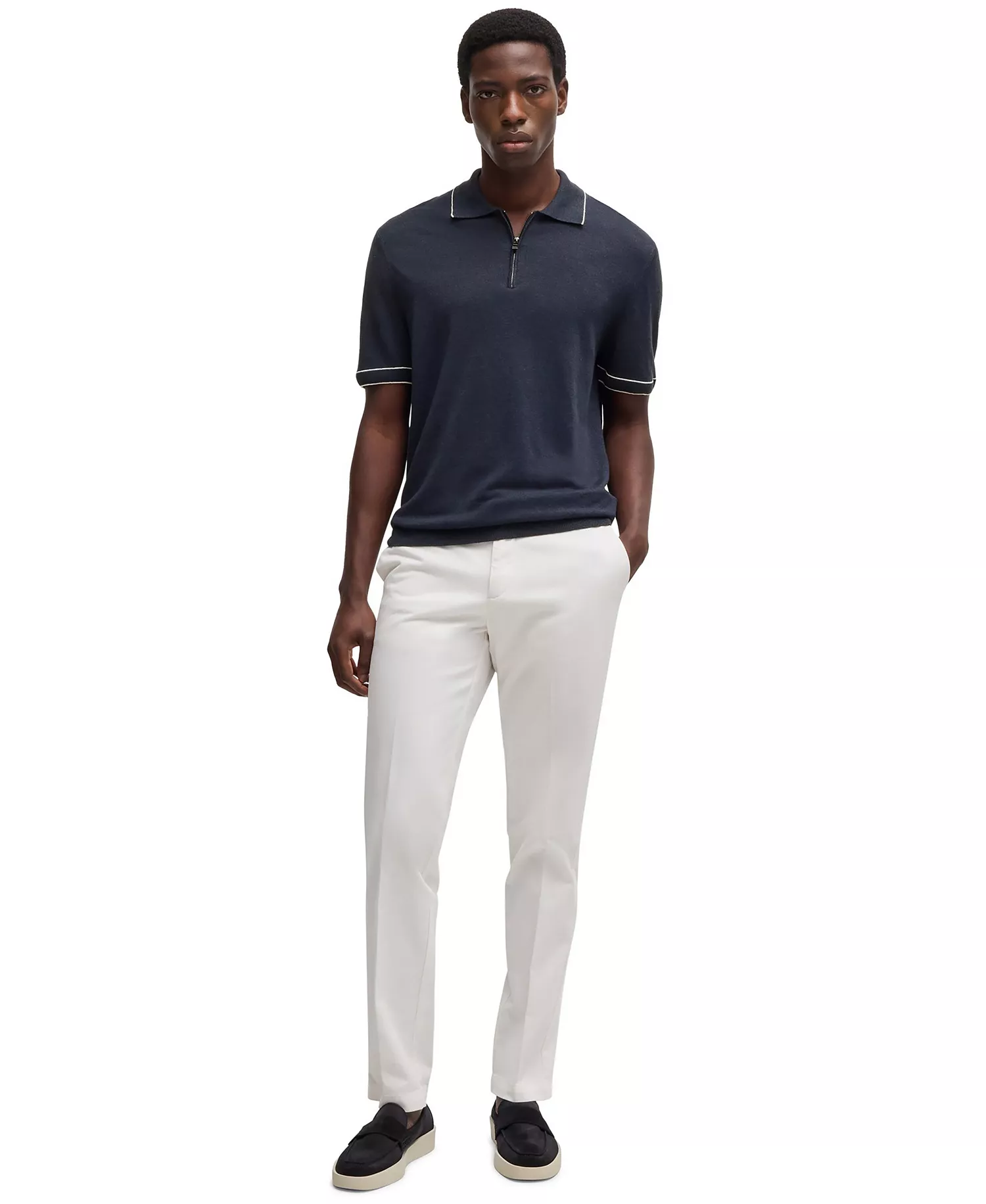 Men's Zip Placket Linen-Blend Knit Sweater - Dark Blue - 2XL