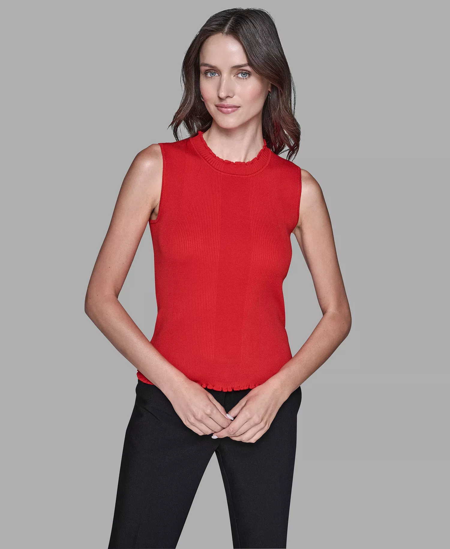 Women's Ruffled Collar Rib-Knit Sleeveless Top - Apple - L