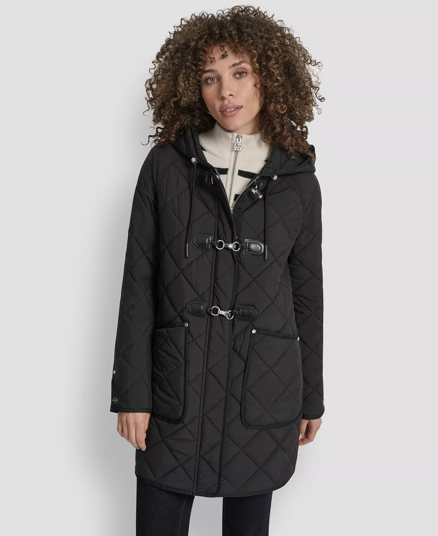Women's Hooded Toggle Quilted Coat - Black - L