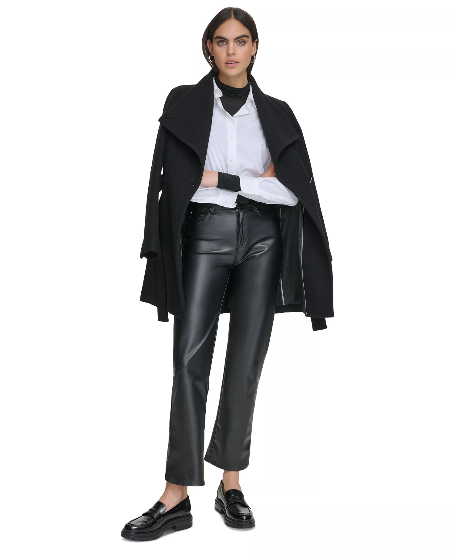 Women's Asymmetrical Belted Wrap Coat - Black Twill - L