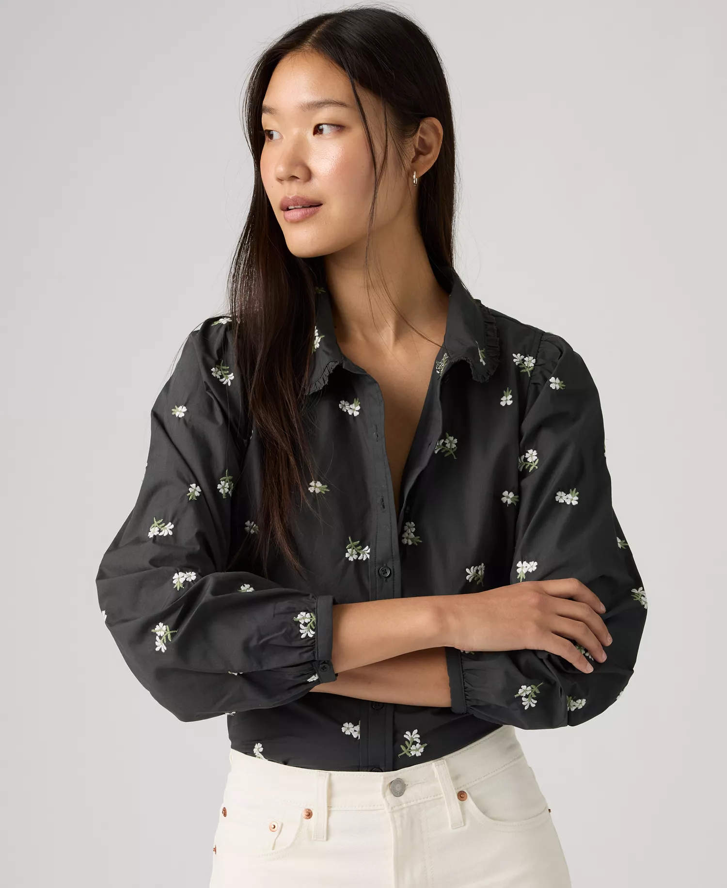 Women's Calista Collared Button-Up Shirt - Phantom, Floral Emb Crystal Pink - L
